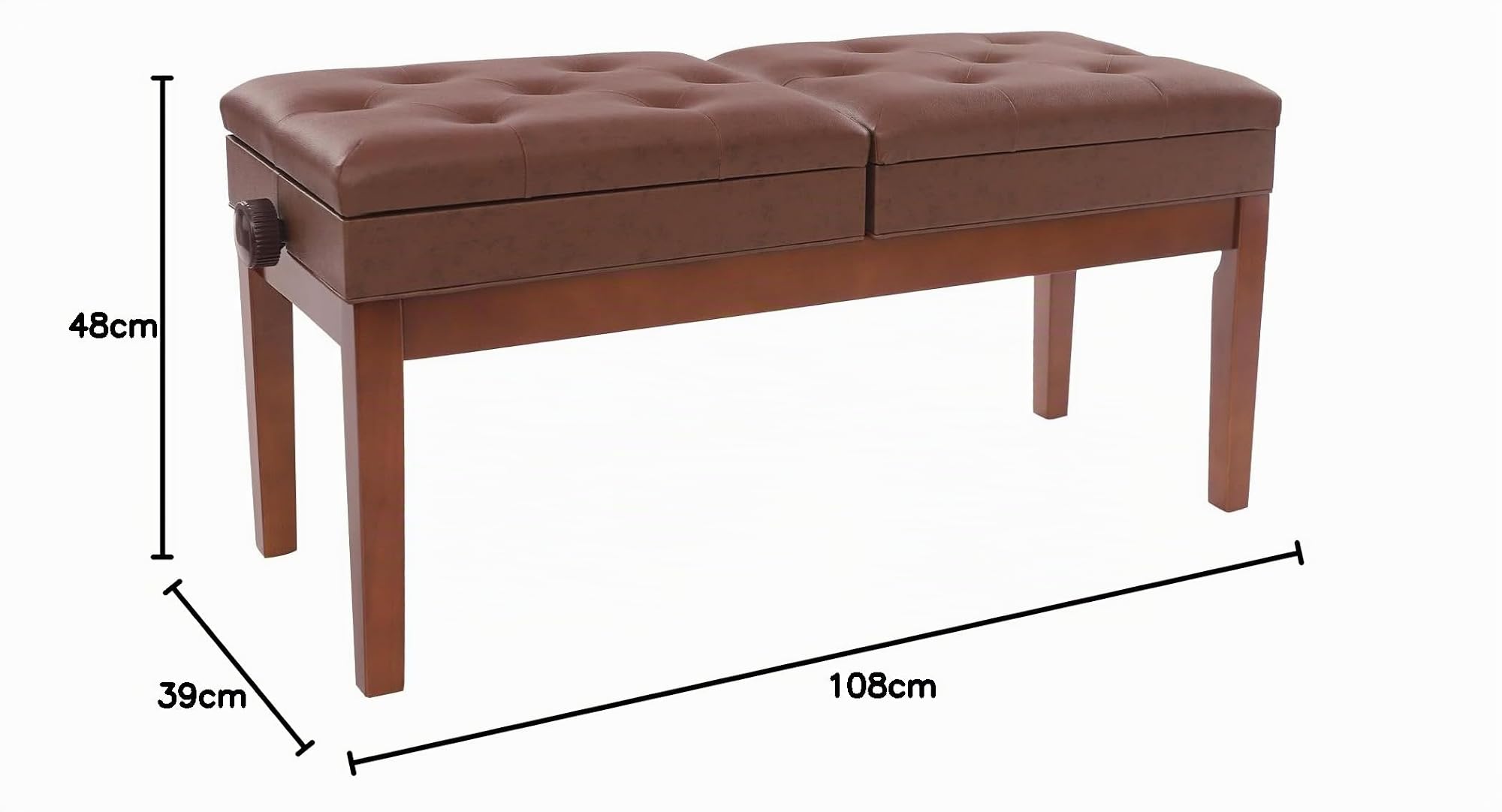 Doppelsitzer Pianobank, Klavierbank mit Stauraum, Groß Klavierhocker für 2 Personen, Sitzflächen Unabhängig Höhenverstellbar, 108x39x48 cm (Braun)