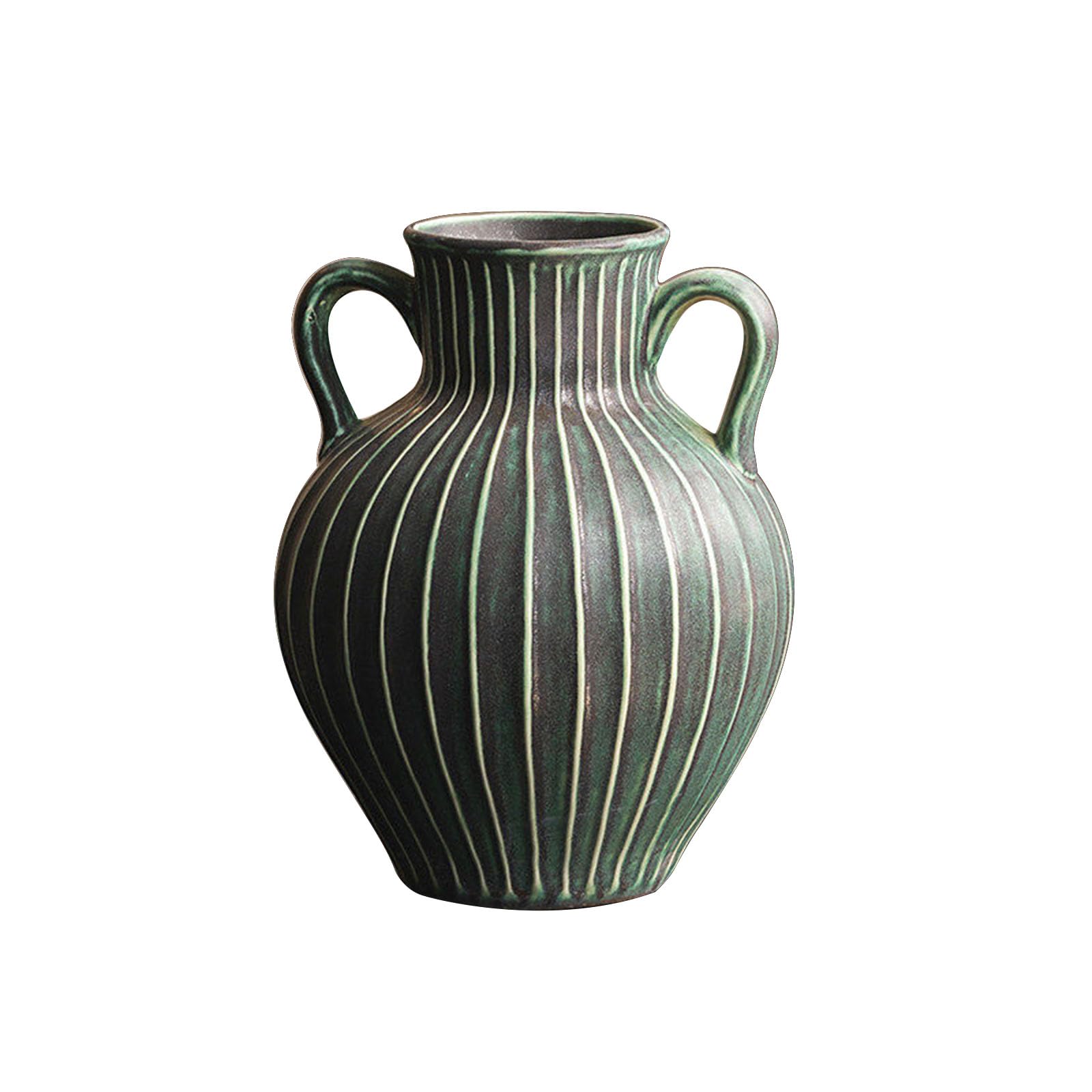 2 Handle Ceramic Vase, Vintage Countertop Vase with Art Texture Design, Ornament for Living Room, Bedroom, Study, Entrance Hall, Green(Size:22 * 22 * 28CM,Color:Green A)