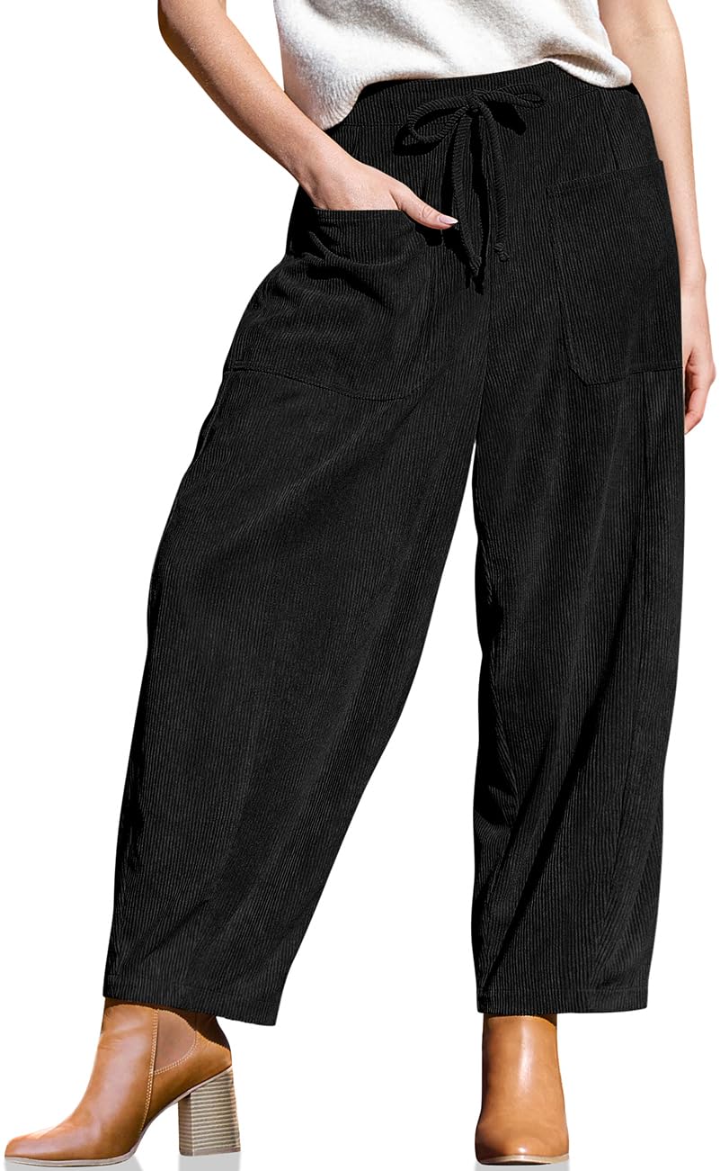 TARSE Womens Corduroy Pants Baggy Wide Leg Pants Casual Elastic Waisted Palazzo Harem Pants with Pockets