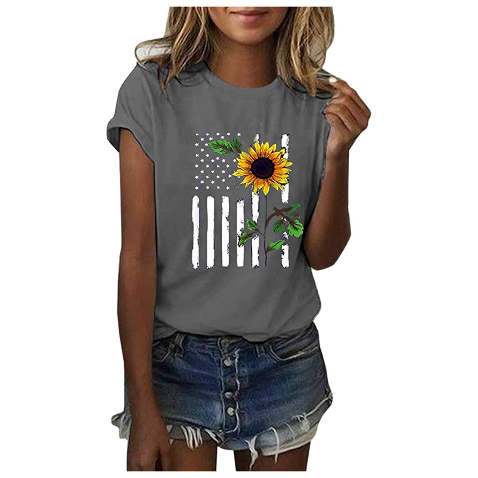 American Flag Sunflower T Shirts Women 4th of July Independence Day Shirt Cute Print Short Sleeve Tee Top Blouse