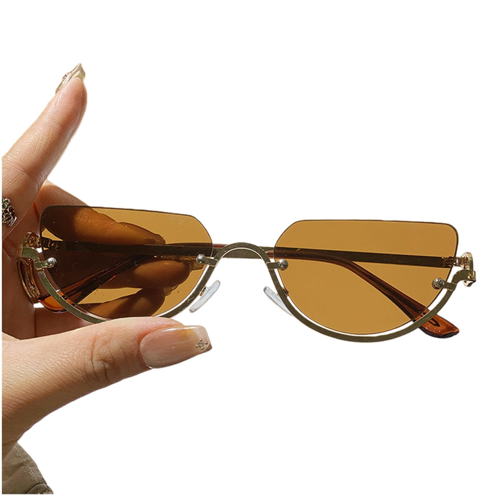 Gyios sunglasses Trendy Unique Semi-rimless Half Circle Rimless Women Men Luxury Metal Shades Glasses Eyewear-gold Frame Solid Brown Lens