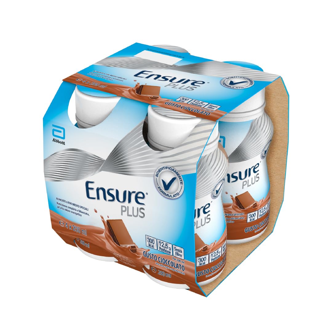 Ensure Plus Suplemento nutricional hipercalórico con proteínas, libre de fibra | Formato de bebida | Alimento para fines médicos especiales completo y equilibrado | 4 x 200 ml sabor chocolate