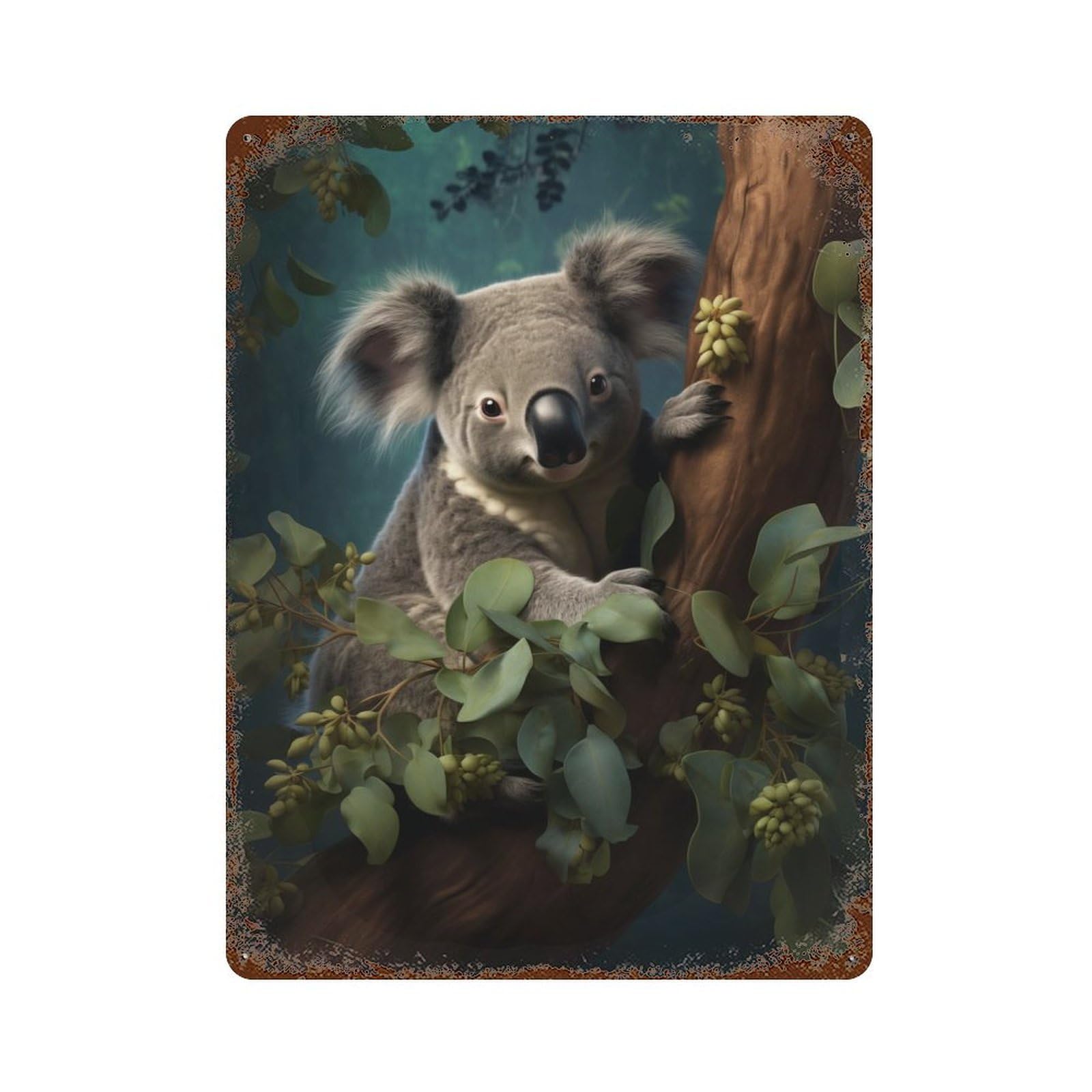 Cute Koala on A Branch Aged Metal Wall Plaque 15.7"x11.8", Farmhouse Wall Decor for Office, Studio And Wall Decor