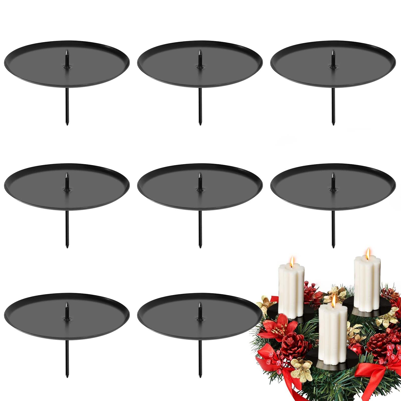 8er Kerzenhalter zum Stecken, 8 cm Kerzenteller für Adventskranz | Erhöhter Rand fängt Tropfwachs auf; aus Metall für sicheren Halt von Stumpenkerzen, Weihnachtsgestecken und Tischdeko