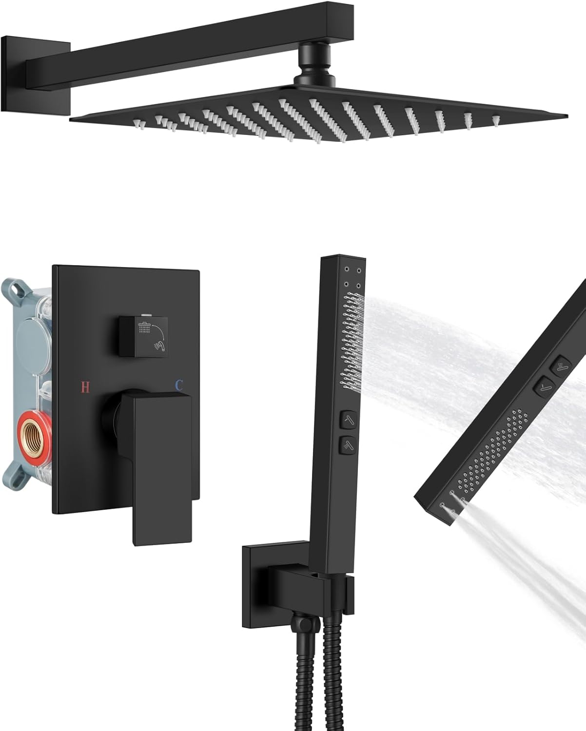 Shower Faucet Set Rainfall Shower System with Square Showerhead and Handle Set Fixture with 2 in 1 Function Handheld Sprayer Wall Mounted Trim Repair Kit Rough-in Valve 12 Inch Matte Black