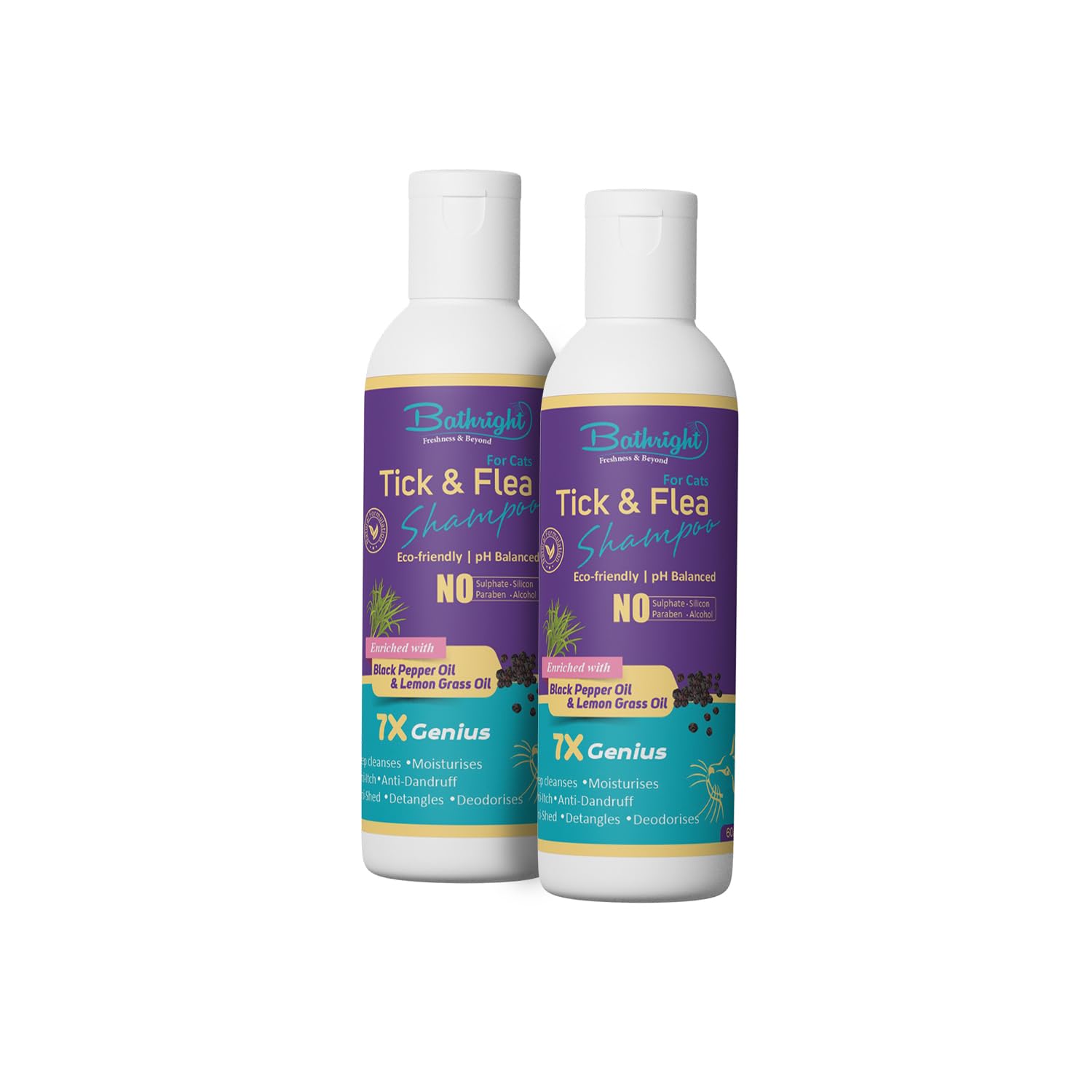Bathright Tick & Flea Shampoo for Cats- 60 ml | Natural & Pet Skin Safe | Lemongrass & Black Pepper Oil | pH Balancing | Pet Shampoo for All Cats (Pack of 2) (B0CR3L9PV2) Amazon Price History, Amazon Price Tracker