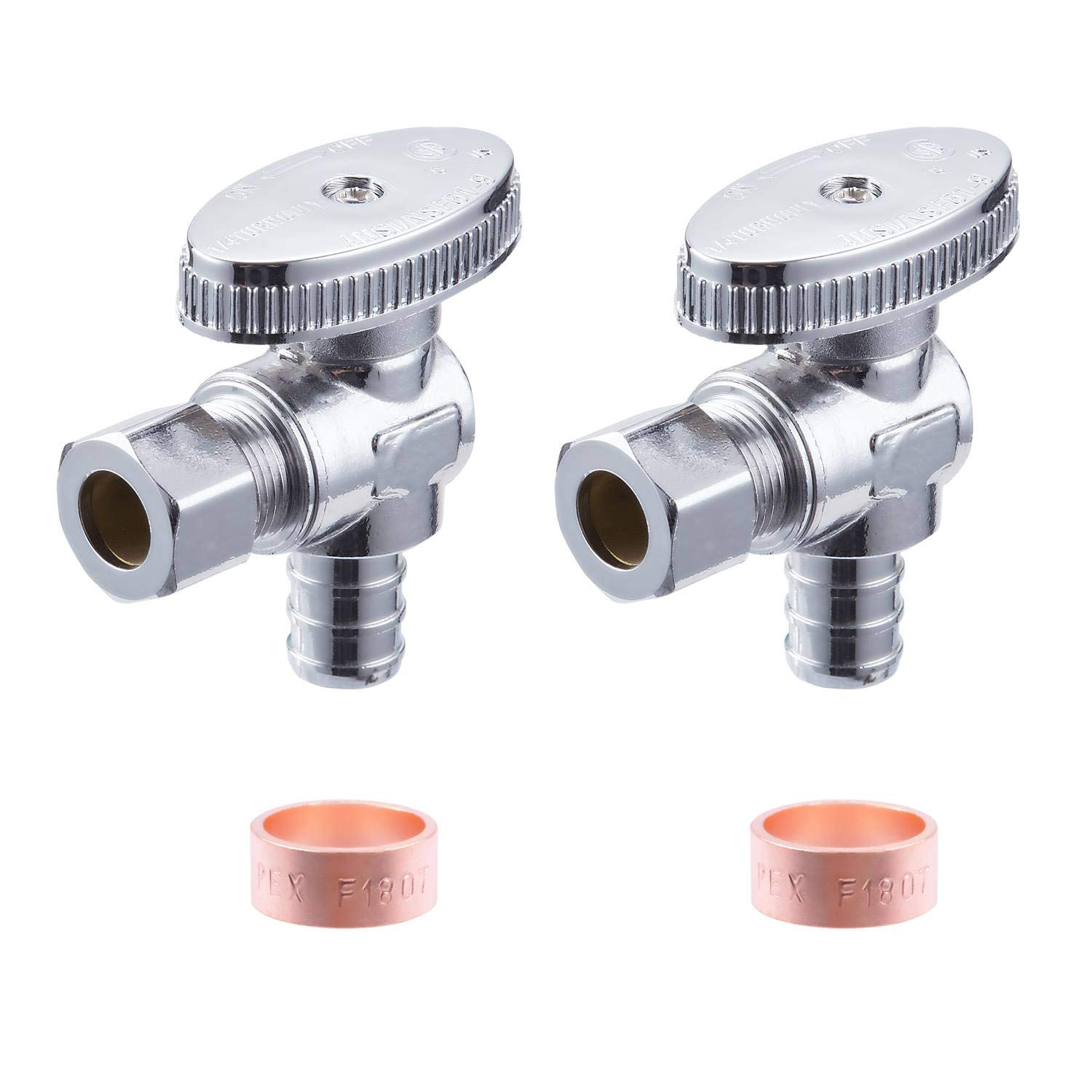 Litorange 2 Pack Premium Lead-Free Brass 1/2 Inch Pex x 3/8 Inch OD Compression Quarter Turn Angle Stop Valve with 2 PCS PEX Clamp Ring