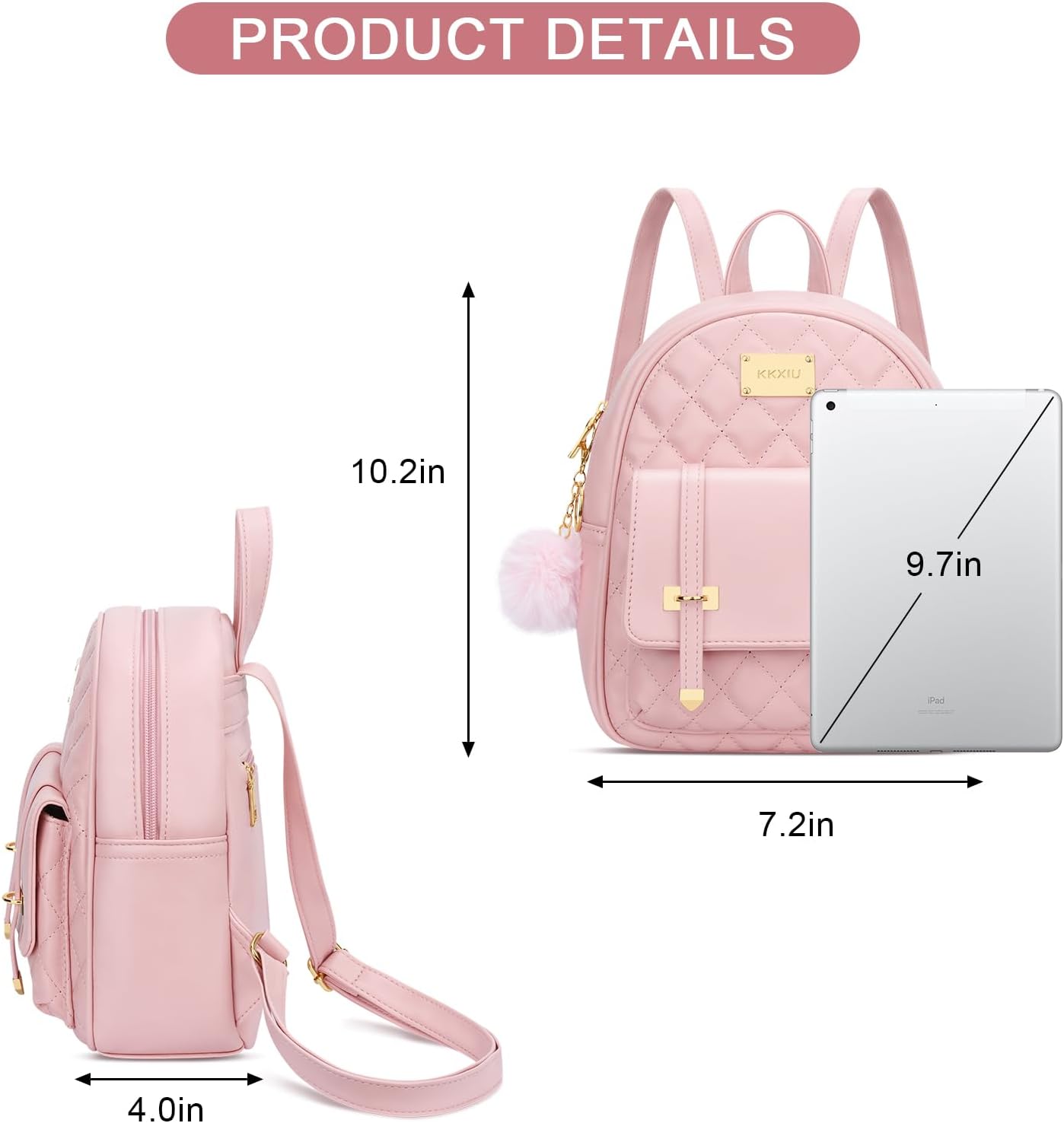 KKXIU Girls Small Backpack Purse Vegan Leather Quilted Mini Daypack for Women Trendy Bookbag (Pink) - Image 6