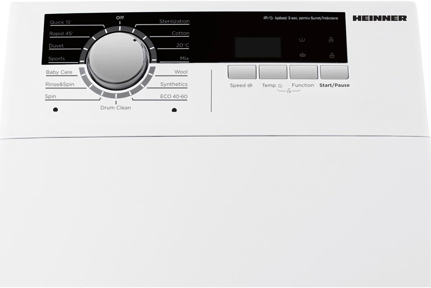 Control panel of the HEINNER HWM-TL8013IVA++ washing machine with program dial, LED display, and function buttons.