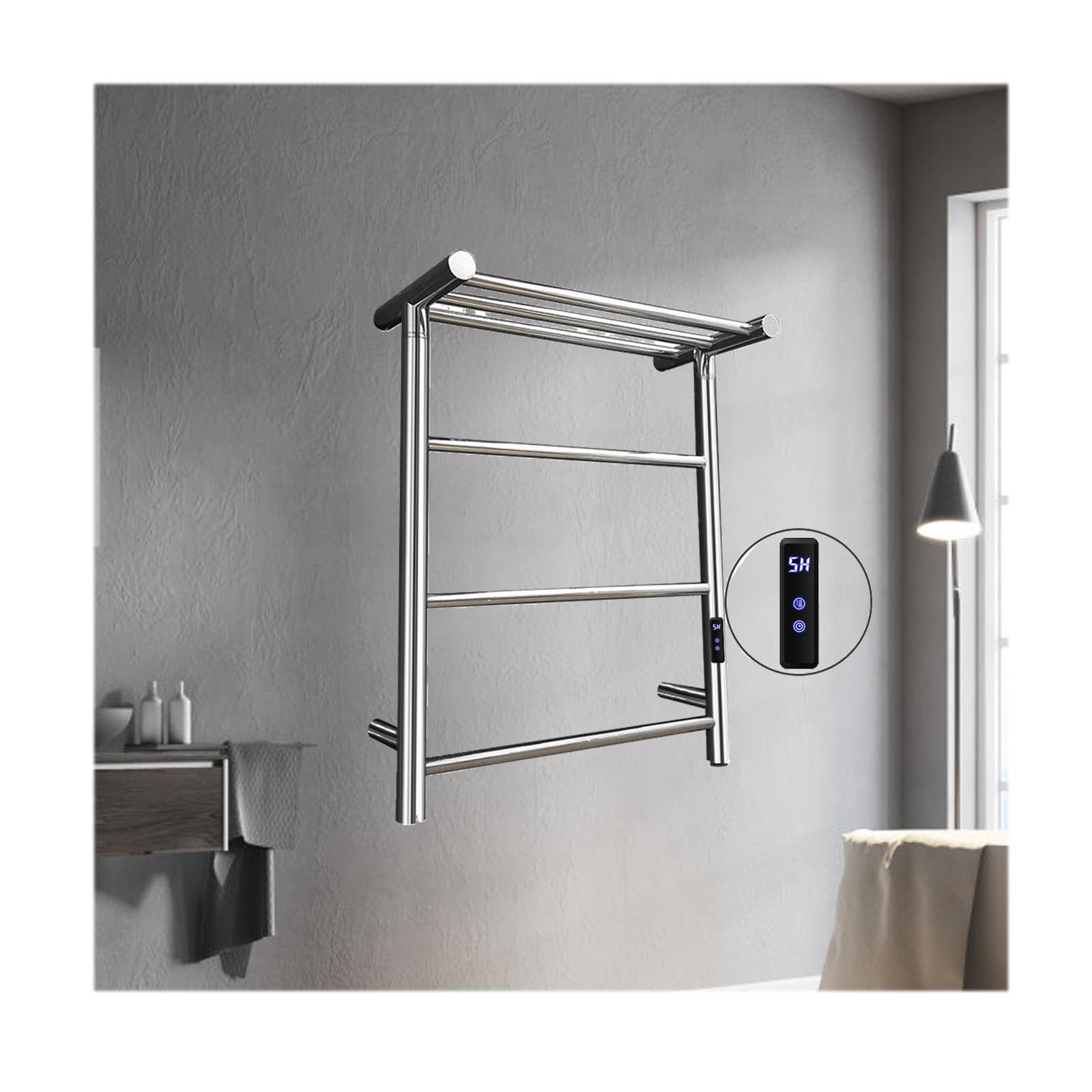 Toallero eléctrico de acero inoxidable para pared con 4 barras plateadas y estante