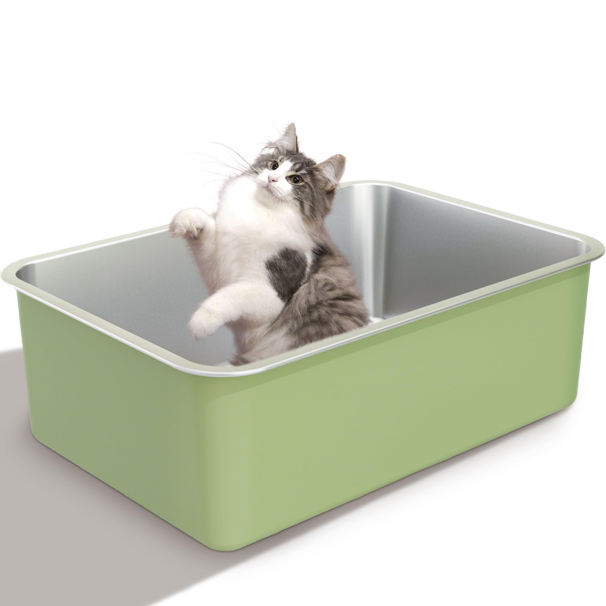 Vealind Stainless Steel Cat Litter Tray Durable Metal Litter Box for Cats with Odor-Resistant Surface, Scratch-Proof Painted Exterior and Low-Entry Design Kitty Litter Pan