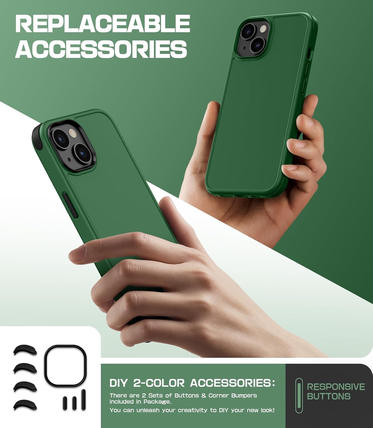 Mobnano for iPhone 14 & iPhone 13, Compatible with MagSafe – Frosted Matte Shockproof, Replaceable Anti-Collision Corners & Buttons (2 Colors), Slim Fit & Full Protection Phone Cover - Alpine Green