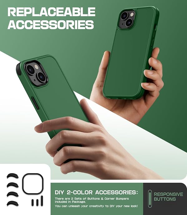 Mobnano for iPhone 14 & iPhone 13, Compatible with MagSafe – Frosted Matte Shockproof, Replaceable Anti-Collision Corners & Buttons (2 Colors), Slim Fit & Full Protection Phone Cover - Alpine Green by Mobnano - Used condition - Image 2
