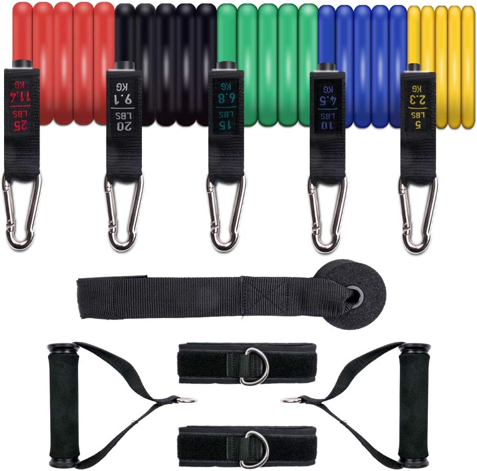 11PCS Resistance Bands Set Include 5 Stackable Exercise Bands with Door Anchor, Handles, Ankle Straps, Carry Bag & Guide, Workout Bands for Resistance Training, Physical Therapy, Home Workouts, Yoga