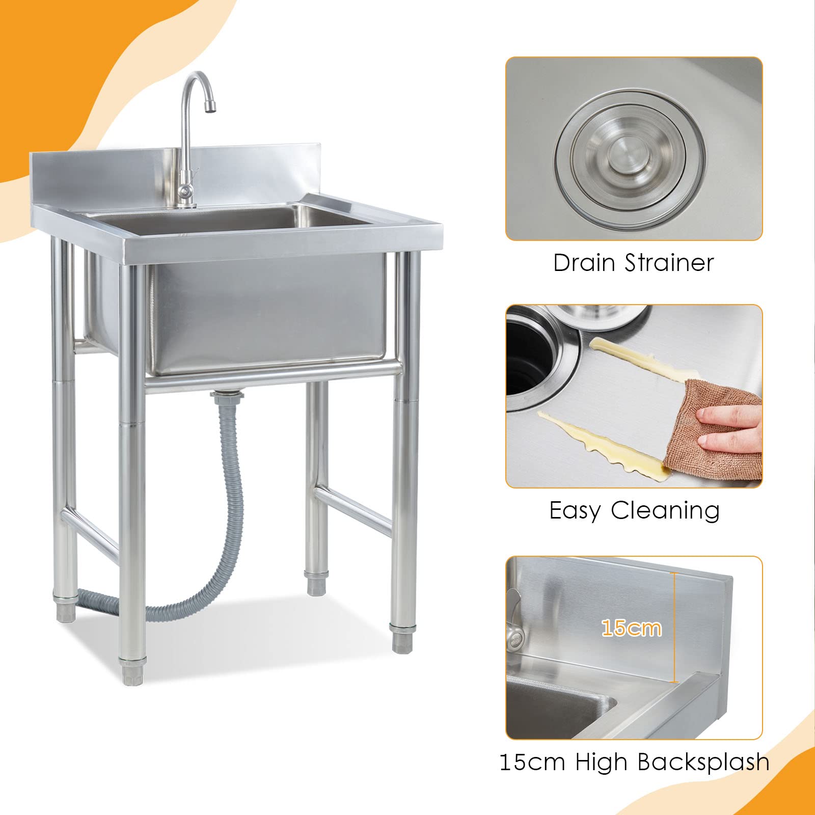 Lavello da Cucina,lavello Cucina con Rubinetto in Acciaio Inox 304,Singolo,13,78" x 13,39"/17,7" e Vasca Interna 16,5" (Ristorante,Cucina,Lavanderia,Garage)