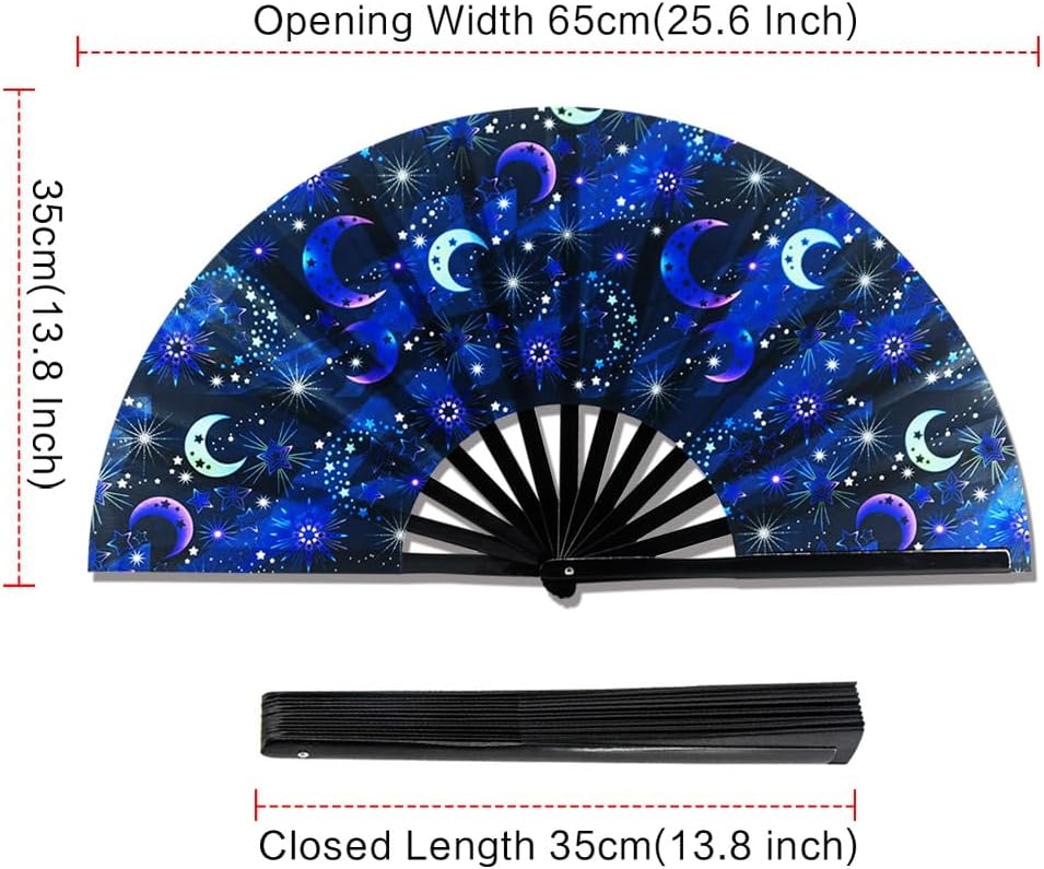 Large Folding Fan, 13 Inch Clack Rave Fan Hand Held Fan for Women Men with Premium Satin Fabric, Thick Bamboo Frame for EDM, Music Festival, Party, Dance, Decoration, Gift (Luna Pulse)