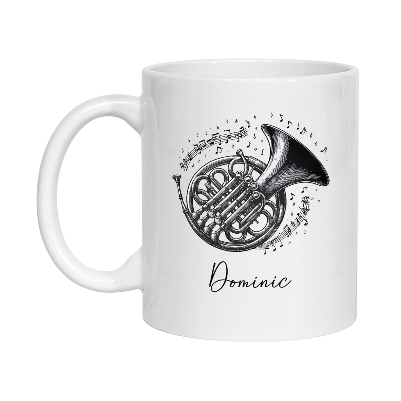 Custom Name French Horn Coffee Cup Gifts For Musicians Music Players, Personalized French Horn Pencil Drawing Travel Teacup, 11oz 15oz Ceramic Mug Gifts For French Horn Players, French Horn Gifts