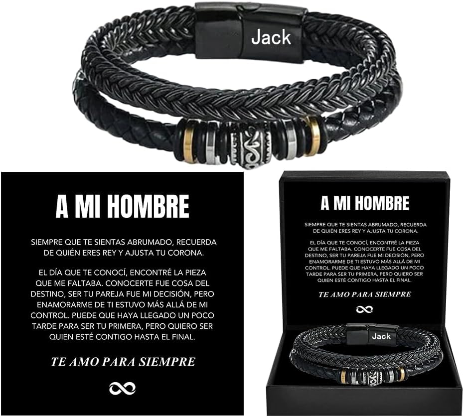 Spanish Card，To My Man, Personalized Dual Name Infinity Leather Bracelet, Personalized Custom Name Stainless Steel Braided Bracelet for Men/Women, for Birthday, Anniversary ,Christmas ,Valentine's Day Gifts