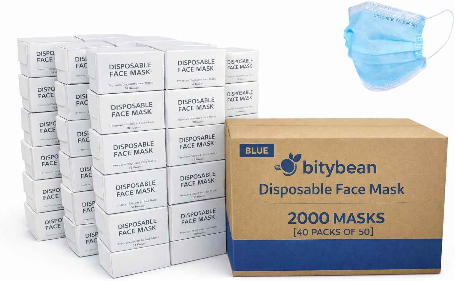 2,000 Blue Disposable Face Masks 2000 Protective 3-Ply Breathable Comfortable Nose/Mouth Coverings for Home & Office | Elastic Ear Loop 3-Layer Safety Shield for Adults/Kids. On the go 40 Packs of 50