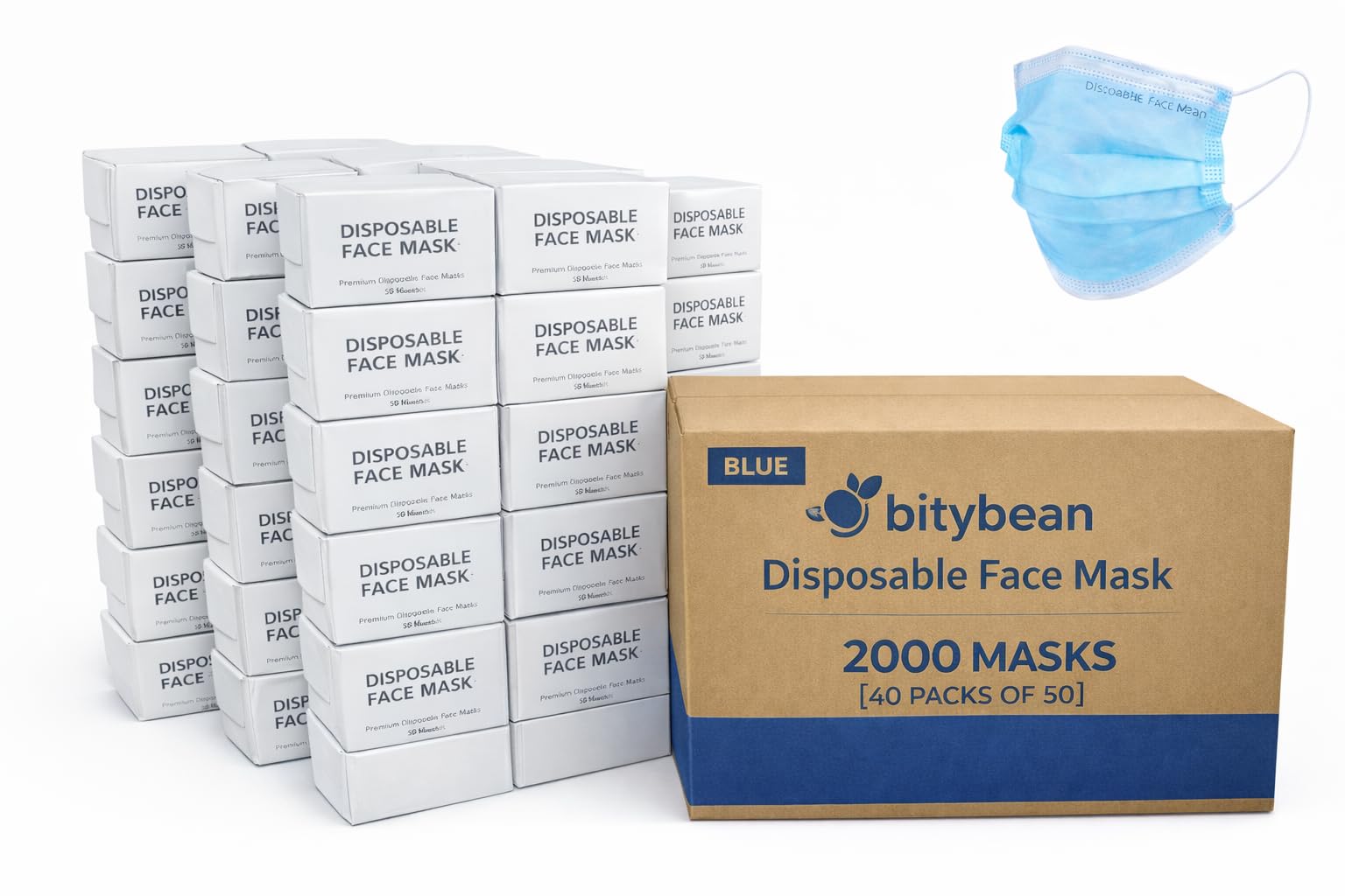 2,000 Blue Disposable Face Masks 2000 Protective 3-Ply Breathable Comfortable Nose/Mouth Coverings for Home & Office | Elastic Ear Loop 3-Layer Safety Shield for Adults/Kids. On the go 40 Packs of 50