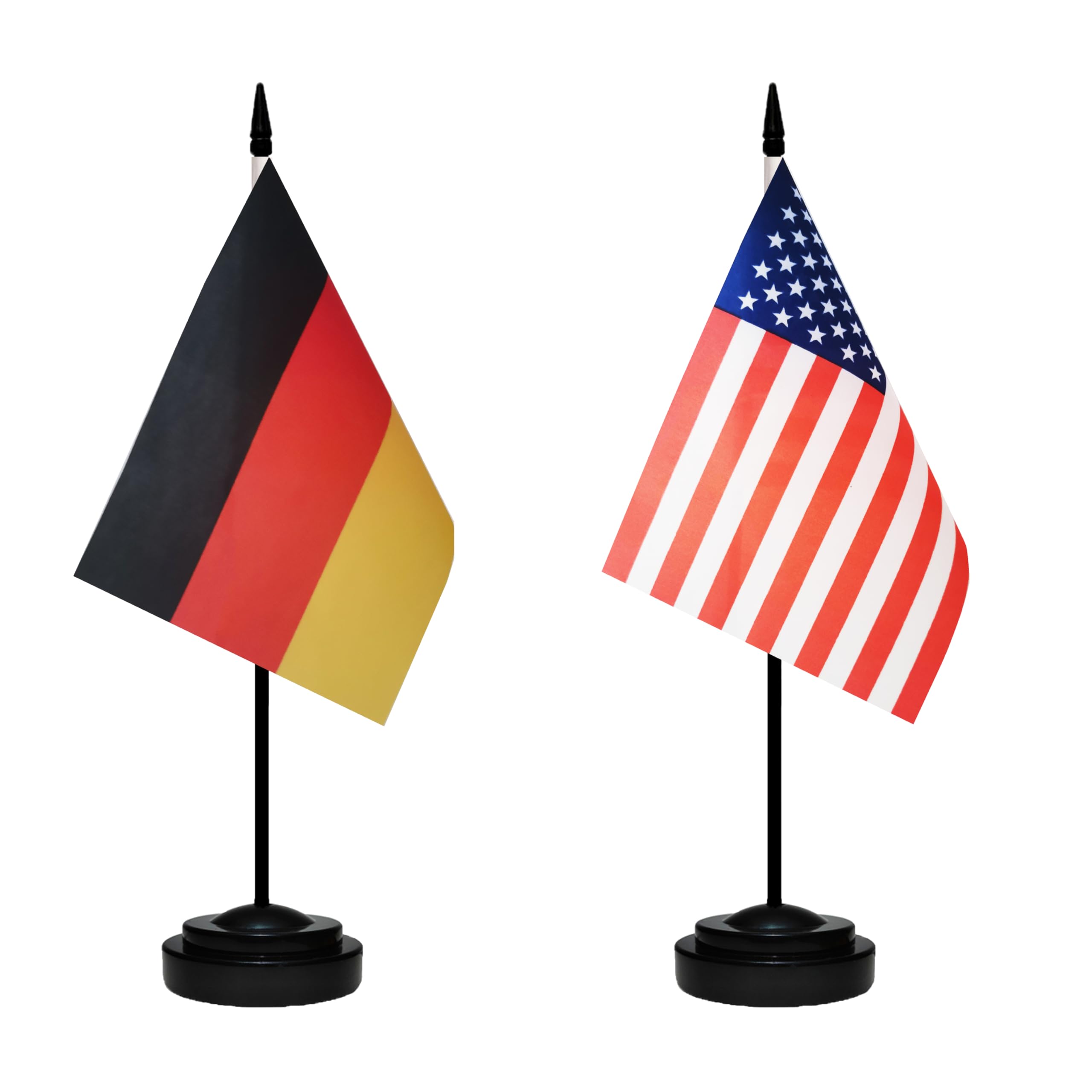 USA American & Germany German Desk Flags, US Germany Table Flag, Small Mini American & German Twin Table Office Flag, Miniature German and US Desktop Flag With 13" Solid Black Pole, Black Base