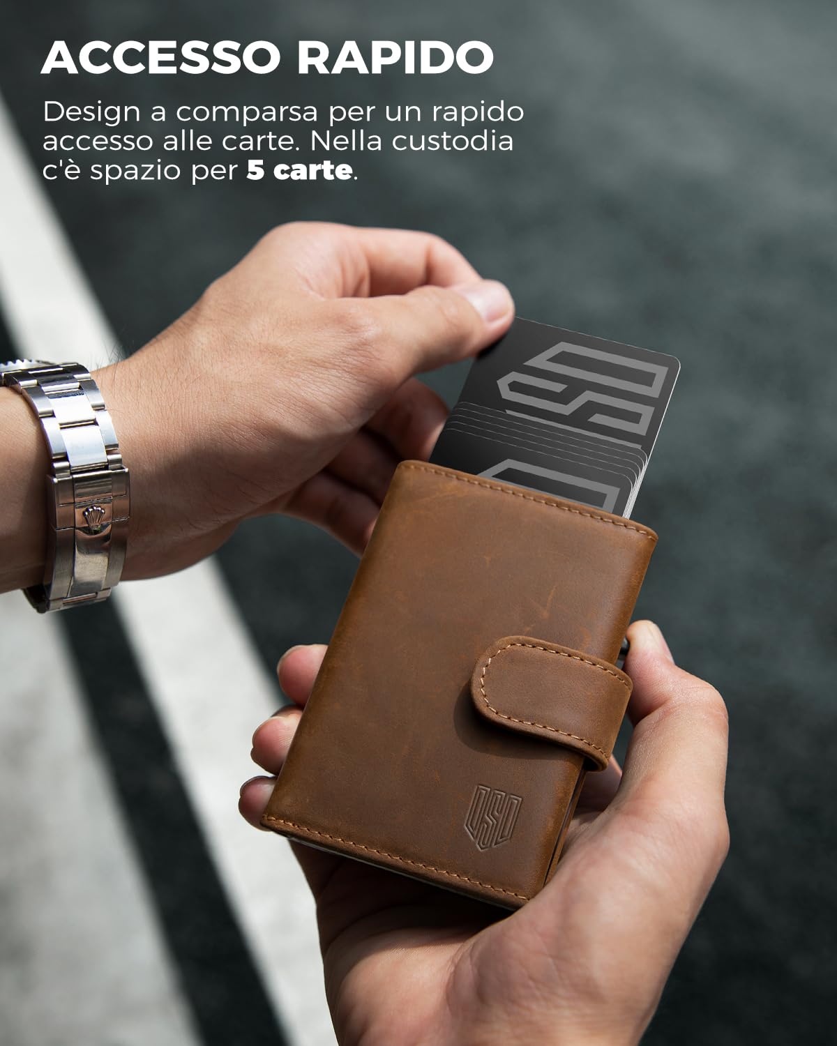 DODENSHA Portafoglio Uomo con Porta Carte di Credito e Portamonete | Slim RFID | Scomparto per Contanti | Custodia in Metallo per 8-10 Carte | Slot ID | Marrone