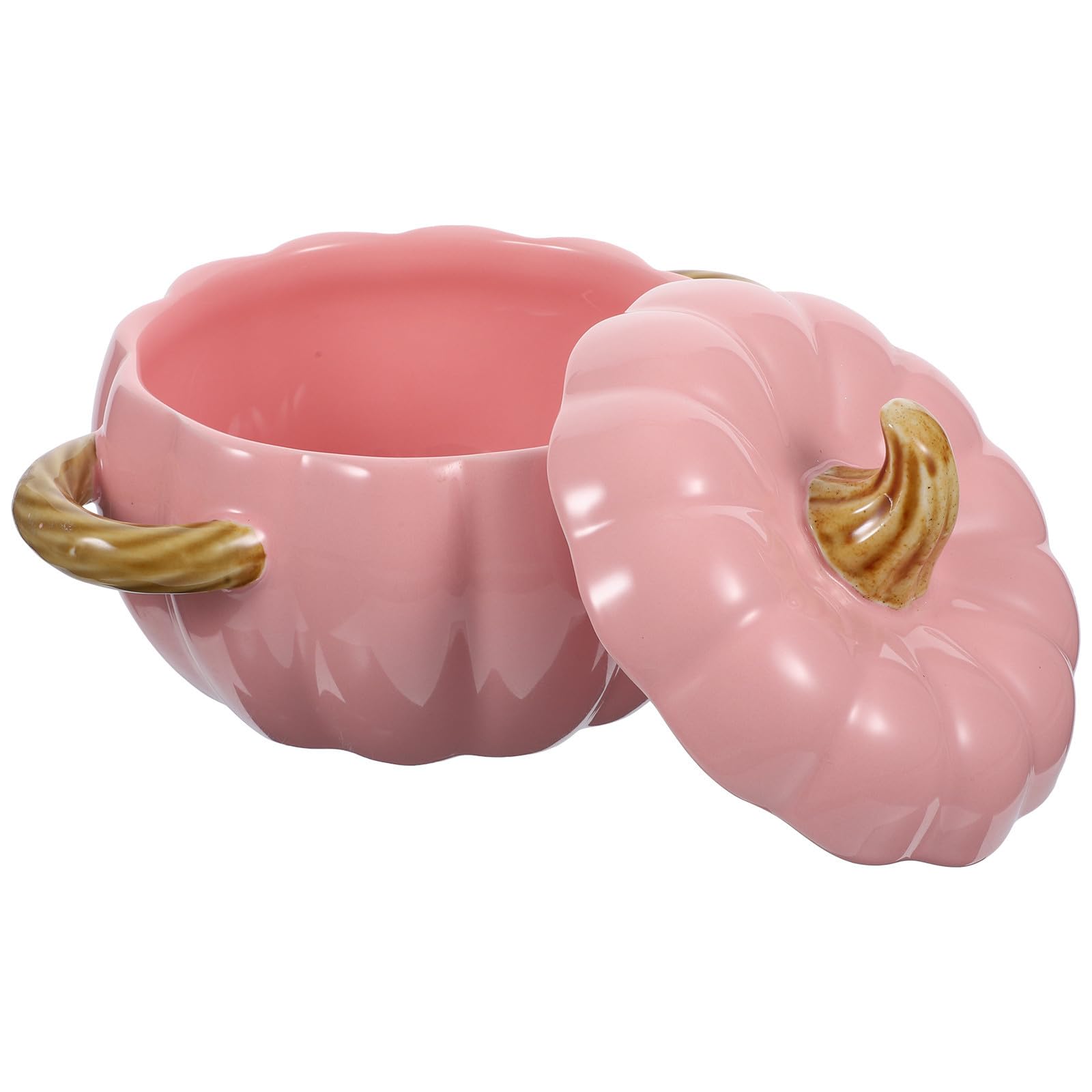 INOOMP Tazón de Sopa de Cerámica en Forma de Calabaza Rosa con Tapa y Doble Asa, Capacidad 1500ml, Fácil de Limpiar y Mover para Cocina y Restaurante