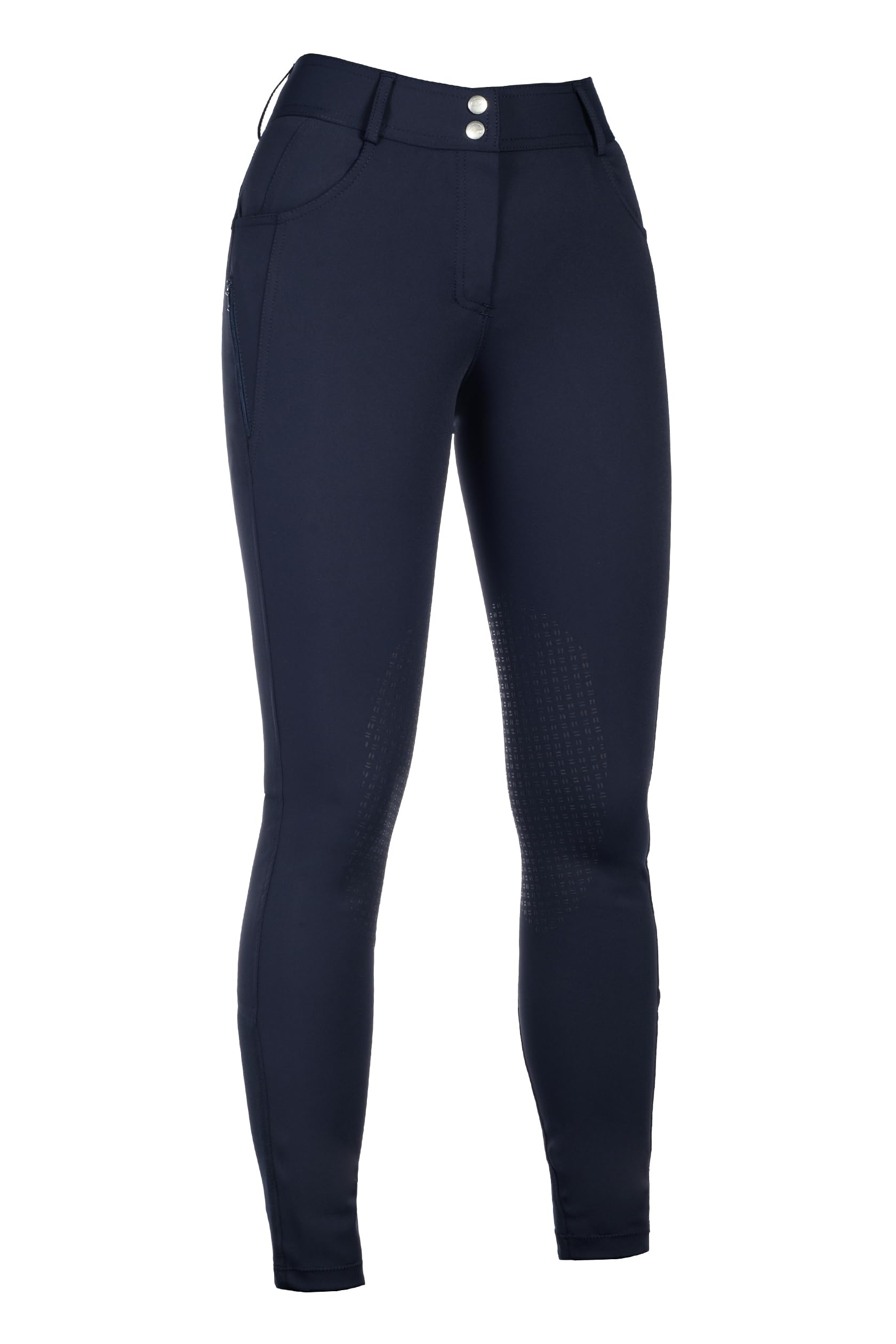 HKM Women's Ari Mid Rise Silicone Knee Patch Riding Breeches, Deep Blue, 22