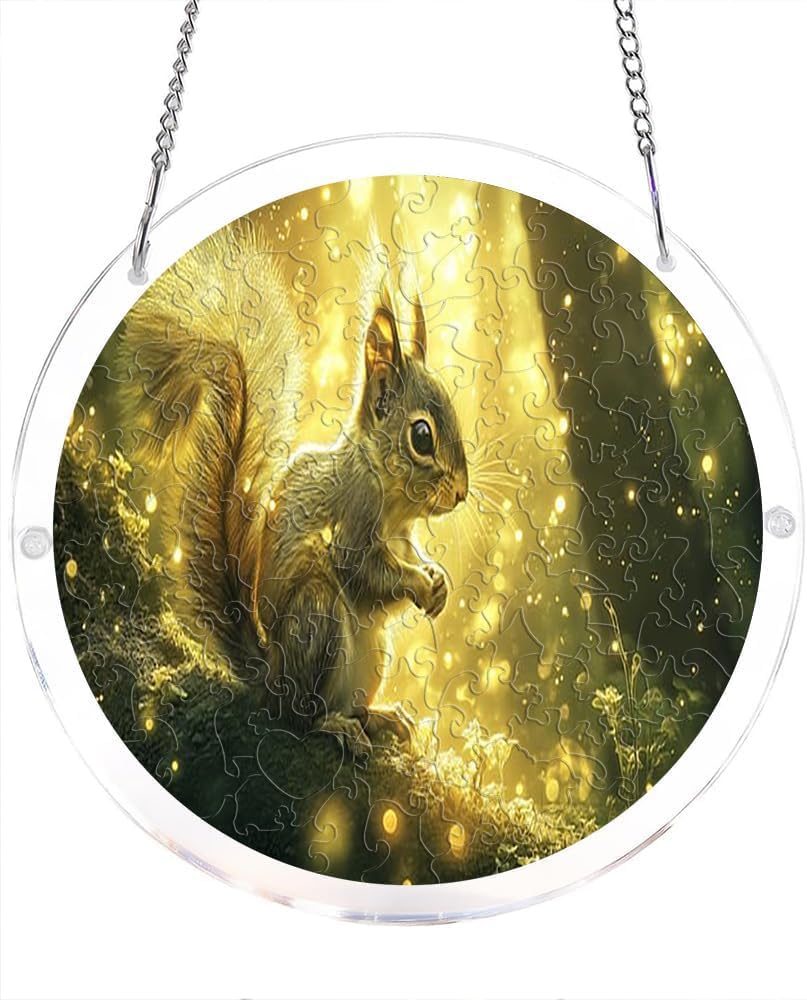 Golden Squirrel in Enchanted Forest Animal Acrylic Jigsaw Puzzles Suncatcher, 8.2 Inch Window Hanging Suncatcher Acrylic Puzzle, DIY Home Decor Art Gift