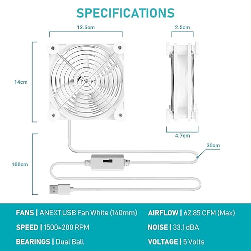 Miniatura 6 de Ventilador de computadora USB de 5.512 in blanco, ventilador de 5.512 in, ventilador silencioso para receptor DVR Playstation Xbox gabinete de
