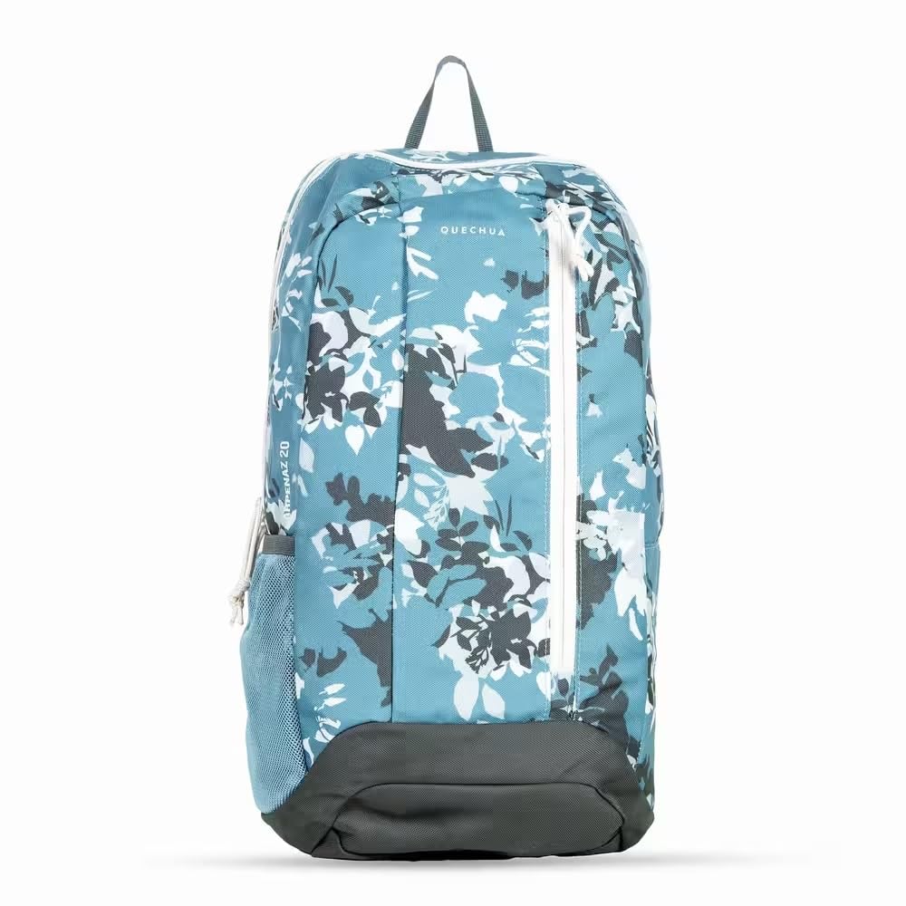 decathlon lightweight 20l backpack with 2 pockets and a bottle holder.