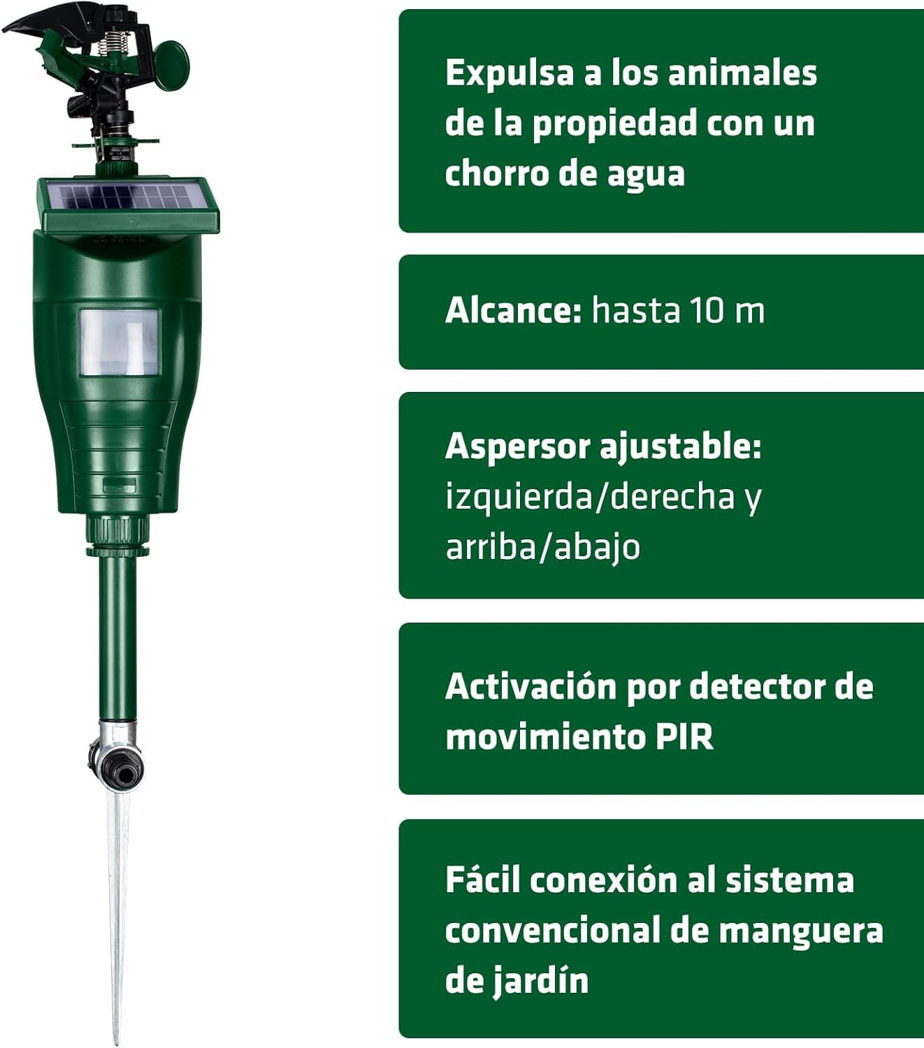 Gardigo® Ahuyentador Gatos Solar con Rociador, Espantapajaros Exterior, Aspersor de Agua Espanta Animales Sensor Movimiento, Ahuyentador Palomas, Repelente Perros, Repelente Gatos | Alcance 10 m