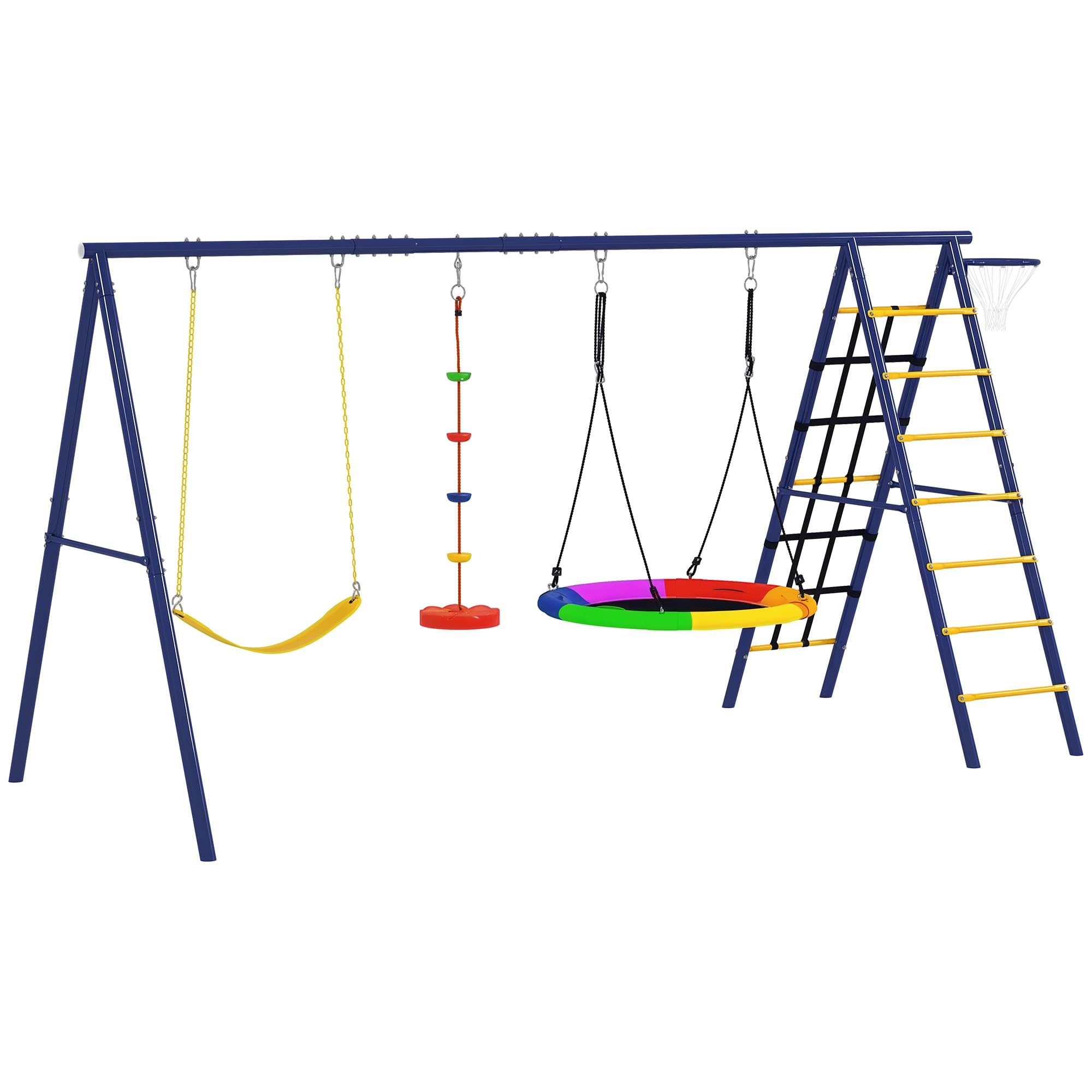 AIYAPLAY Columpios para Niños de +3 Años 6 en 1 Columpios Jardín Exterior con Columpio Nido Cuerda con Disco Red para Escalar Escalera y Aro de Baloncesto Multicolor
