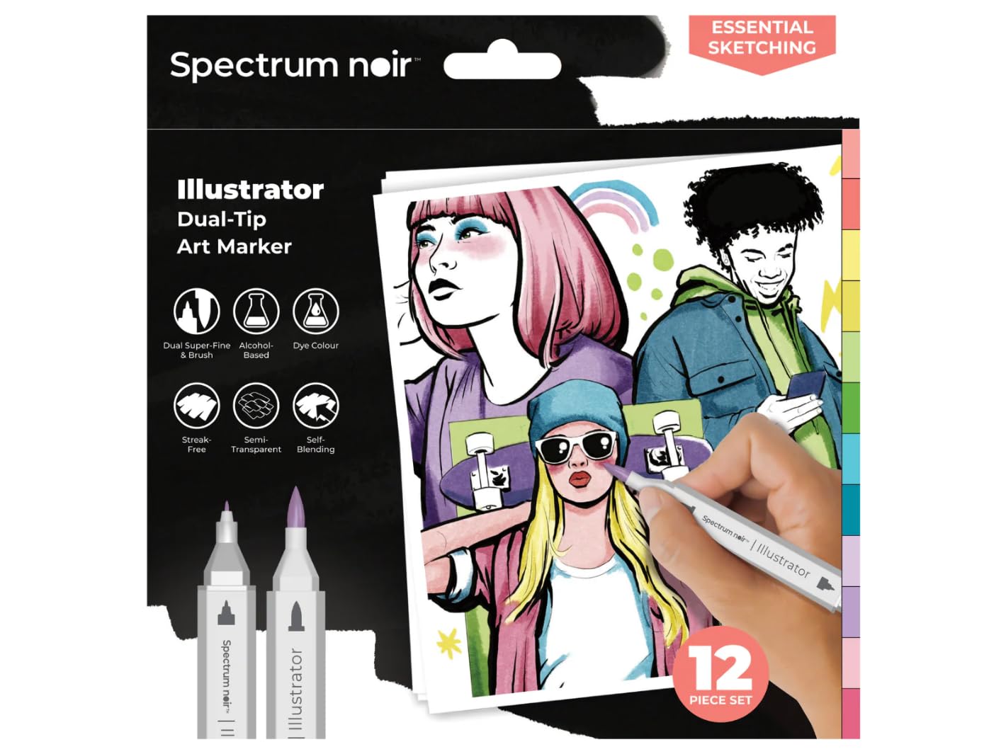 Crafter's Companion Spectrum Noir Illustrator Twin Tip Blendable Alcohol Based Markers - Pack of 12 - Essential Illustration