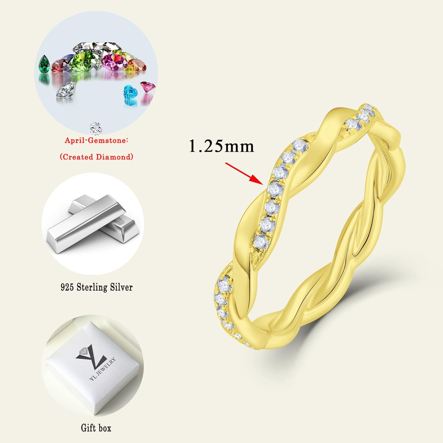 YL Twisted Rings 925 Sterling Silver Stackable Ring 18K Yellow Gold Plated Cubic Zirconia Eternity Band for Women-size7