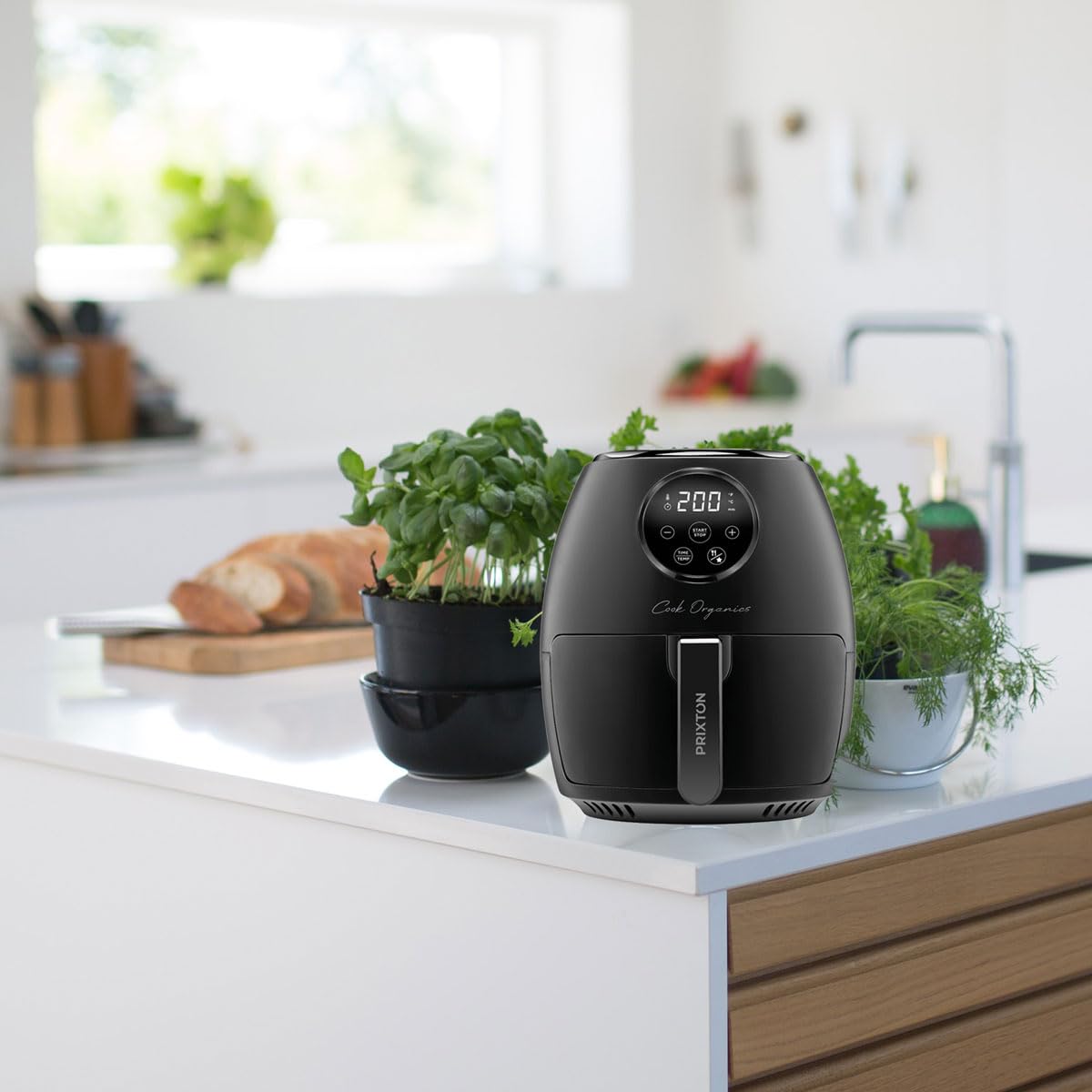 PRIXTON Cook Organics - Freidora sin Aceite de Aire Caliente/Air Fryer Capacidad 3,5 litros Pantalla LED Táctil Potencia 1300 W 10 Programas Predeterminados Tiempo y Temperatura Ajustables