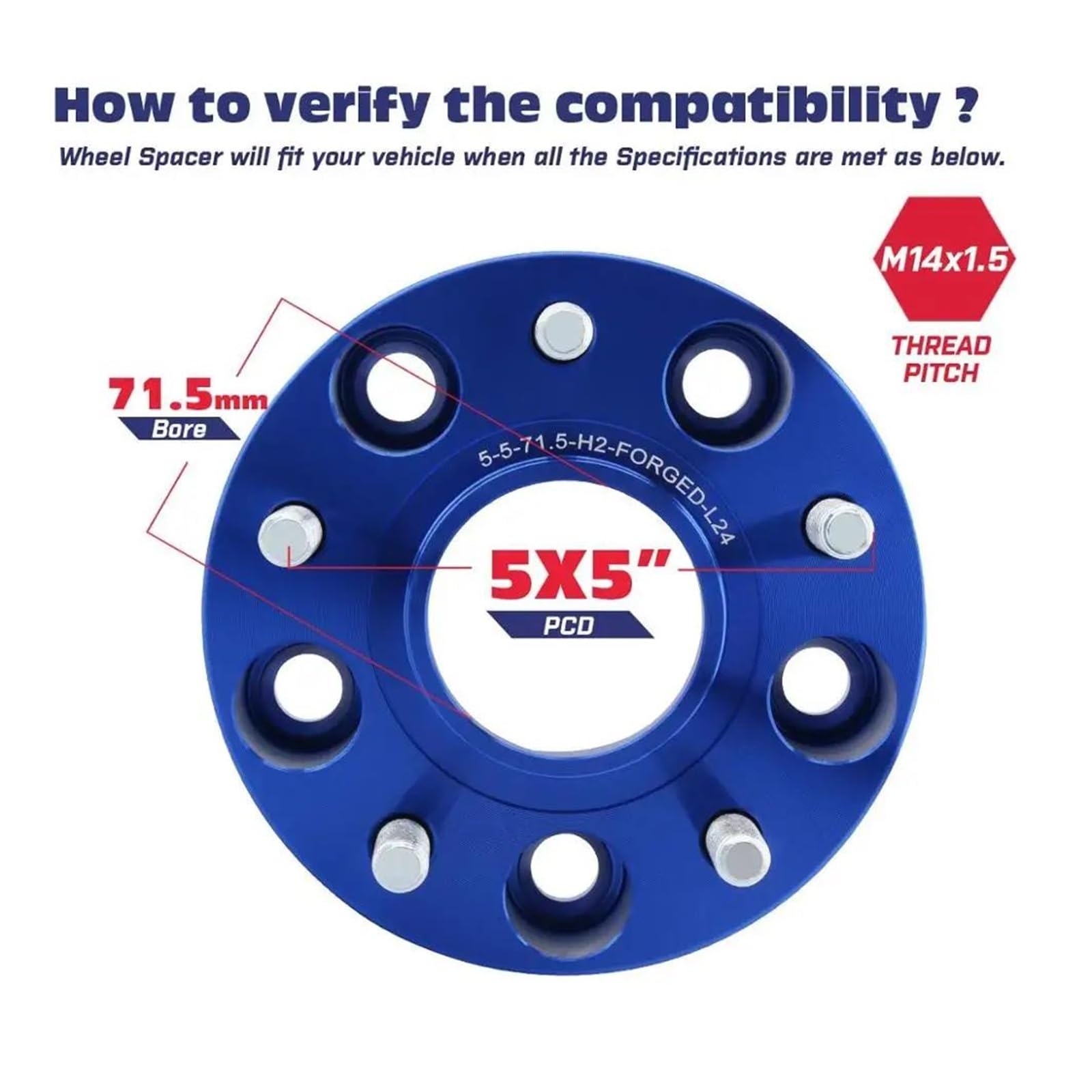 New in box, set of 4, 1.5 inch thick wheel spacers, 5x5, 71.5