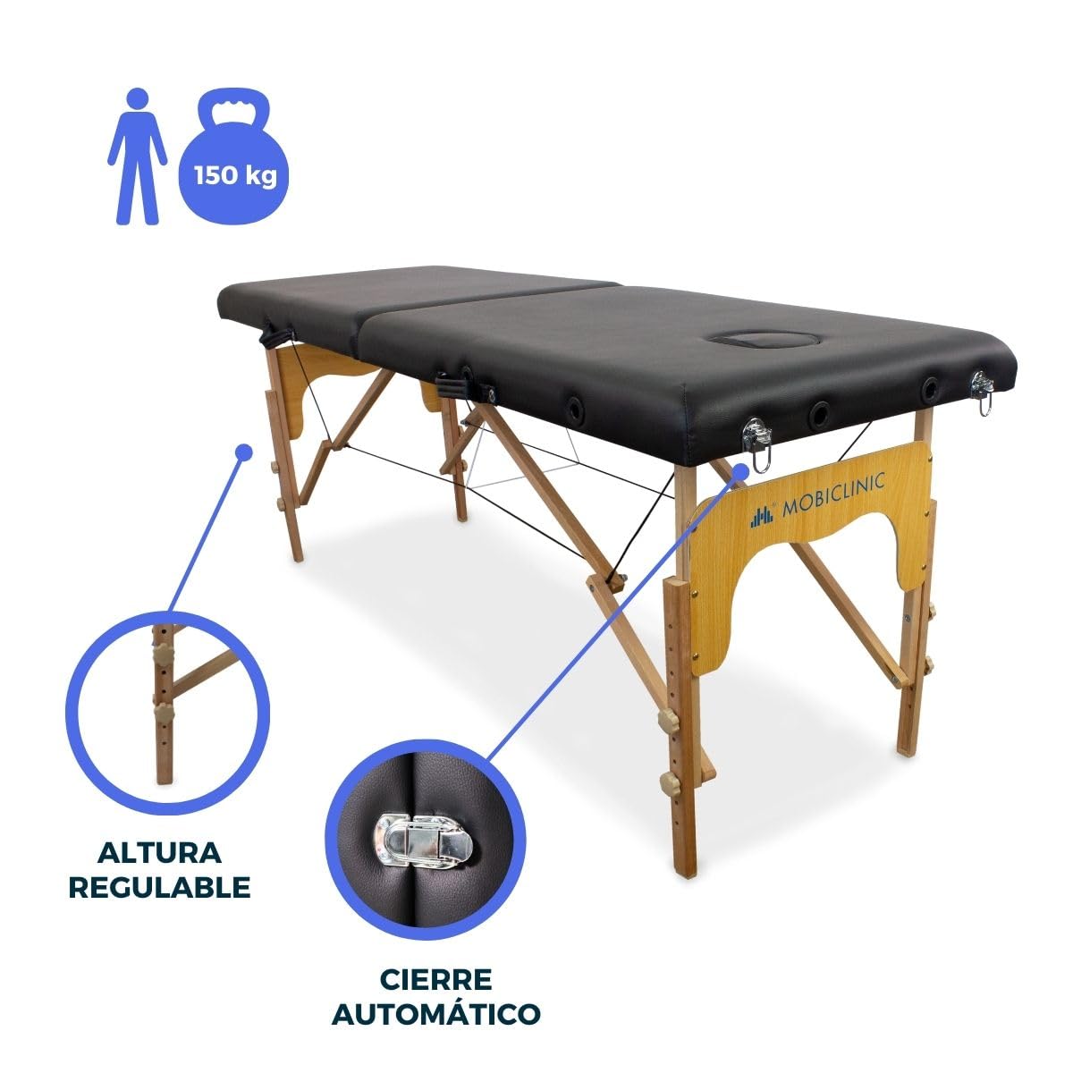 Mobiclinic®, Camilla de Masaje Plegable, CM-01 Basic, Mesa, Profesional, Portátil, Madera, 2 Cuerpos, Marca Española, Regulable, 180x60 cm, Negra