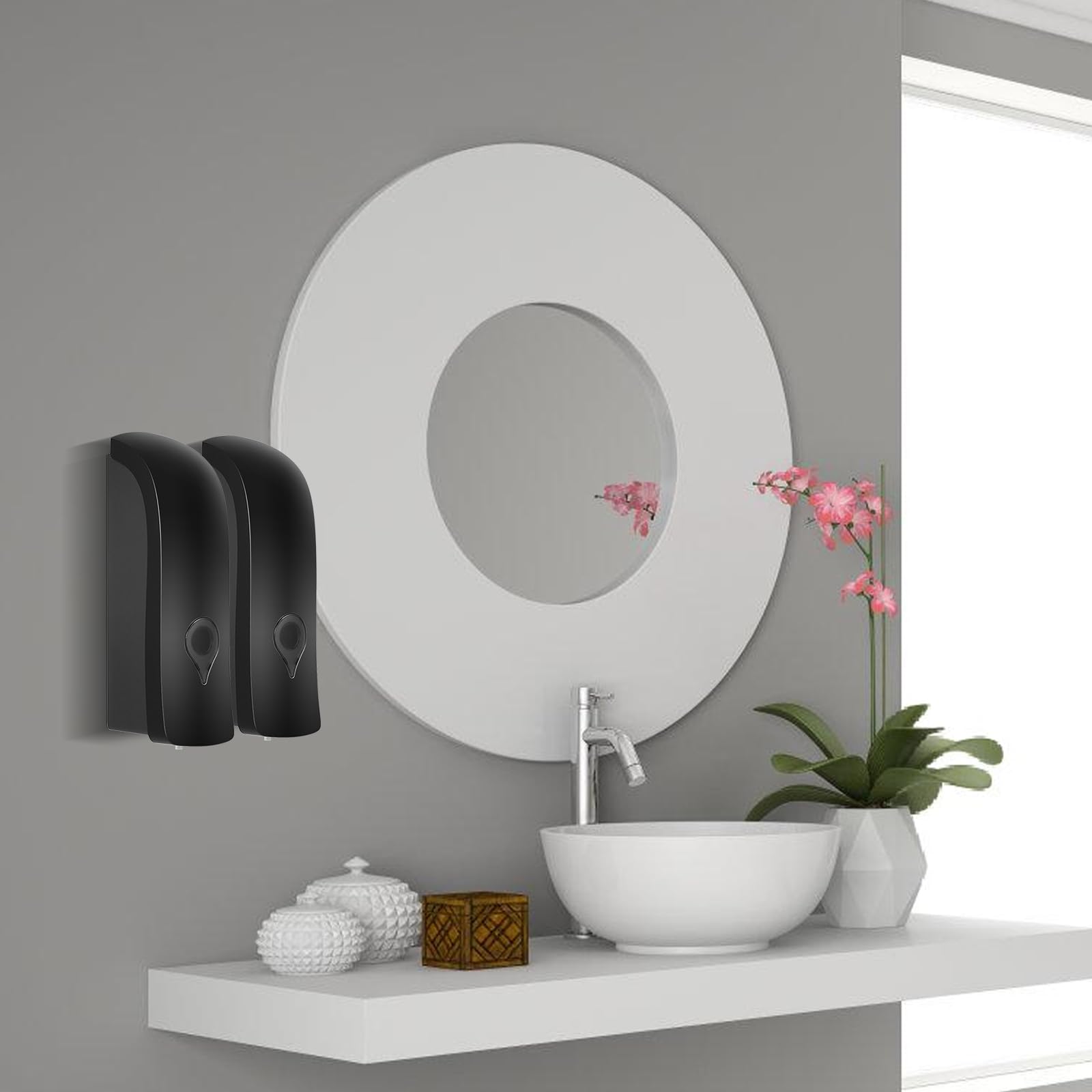 Distributeur Savon Mural 2 Pièces, Distributeur de Savon Mural 300ml, Distributeur Savon Mural sans Percage Ou Installation à Vis pour Toilettes, Salles de Bains et Cuisines, Noir