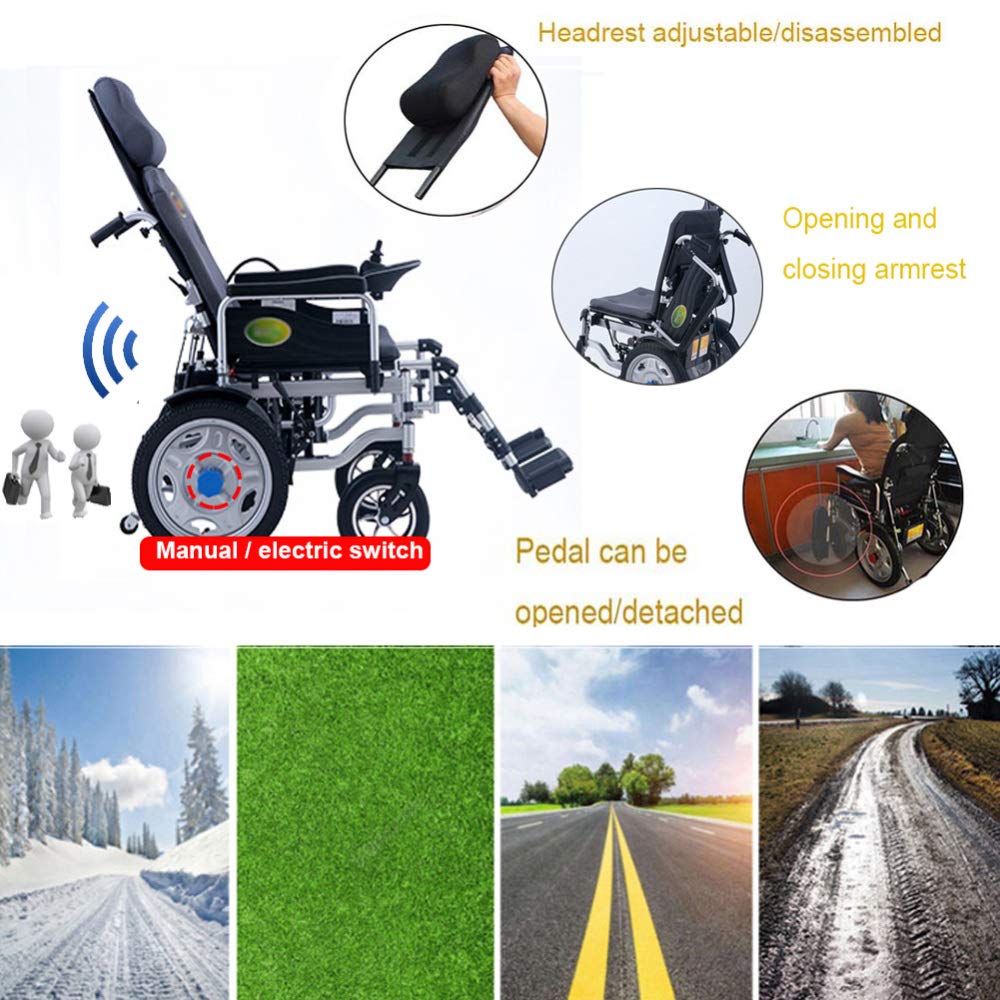 Carrozzina elettrica portatile e confortevole per carichi pesanti con poggiatesta Carrozzina elettrica portatile pieghevole e leggera con telecomando Alimentazione elettrica o manipolazione manuale