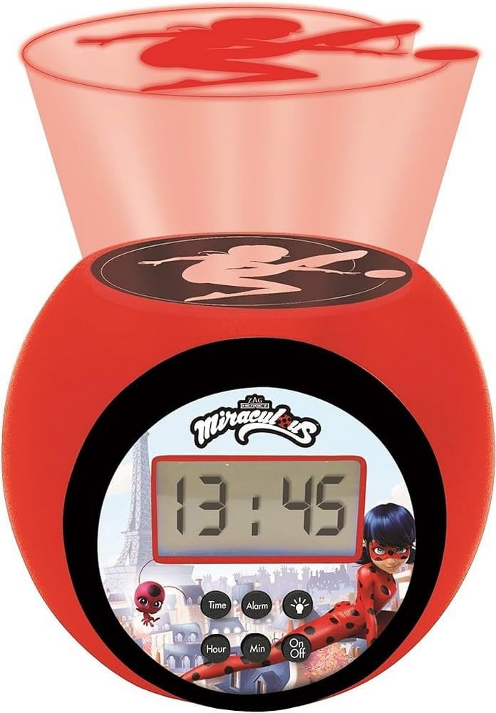 The LEXiBOOK Miraculous Projector Alarm Clock displaying a blue Ladybug projection on the ceiling.