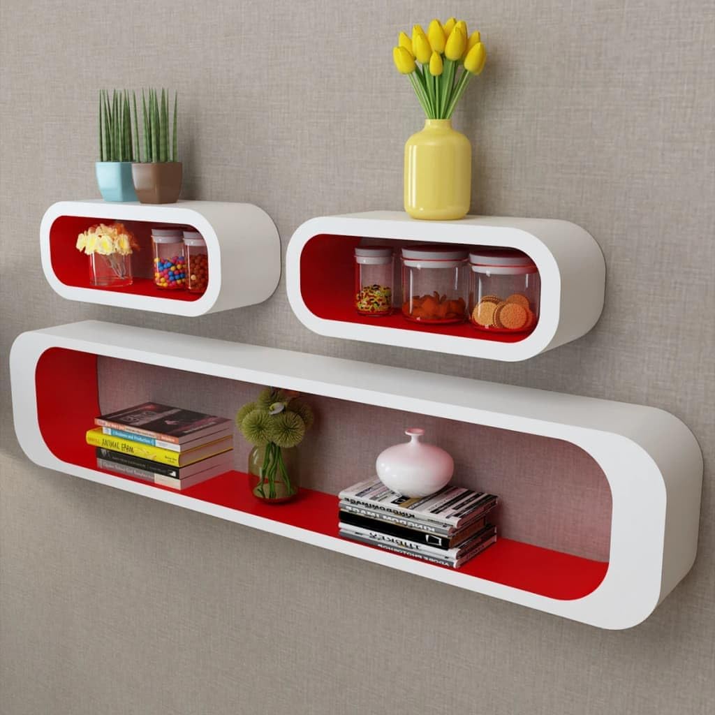 3 White-Red MDF Floating Wall Display Shelf Cubes, Invisible Mounting System, Book/DVD Storage, Modern Room Decor for Living Room, Bedroom, or Bathroom
