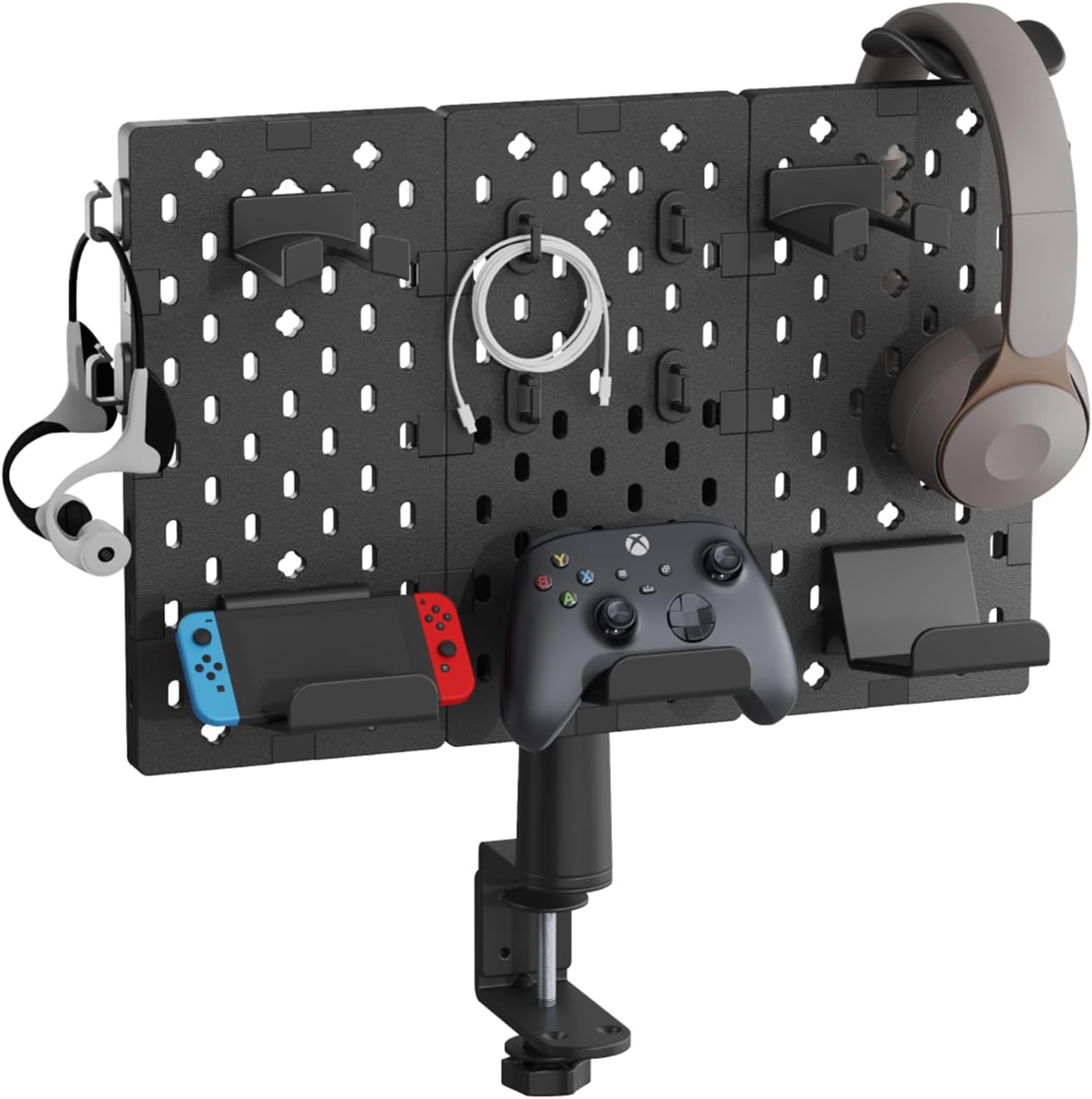 PEGZONE 3PCS Modular Headphone and Controller Holder for Game, Clamp-on Pegboard, Rotatable Controller Stand with Cable Hooks, Gaming Accessories, 3Pcs Pegboard, Black
