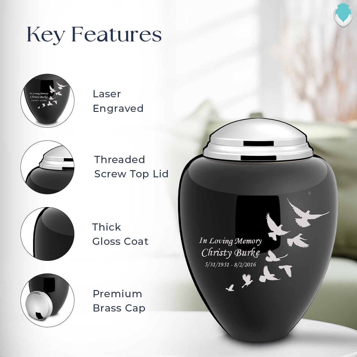 Geturns Tribute Adult Personalized Doves Cremation Urns for Human Ashes I Large Black & Shiny Pewter Funeral Urn for Men and Women I 200 lbs