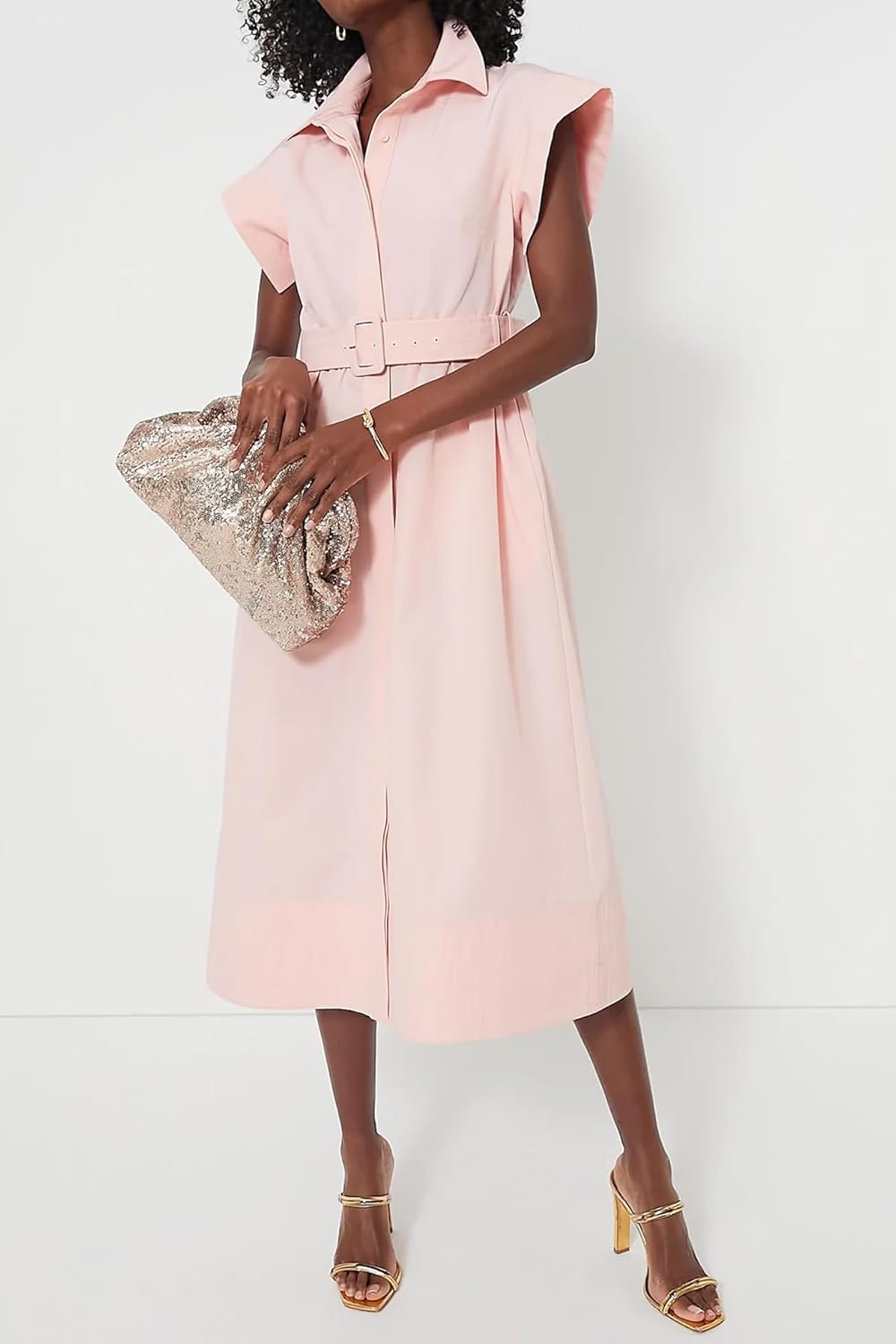 Womens Turn Down Collar Shirt Dress Short Wing Sleeve Button Down Dress Trench Coat Formal Elegant Dress with Belt - Image 3