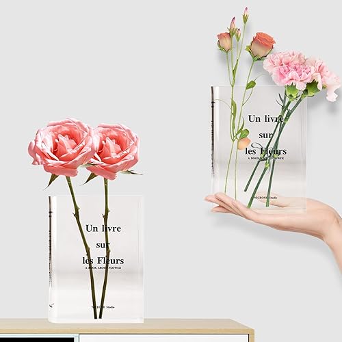 Miniatura 3 de Jarrón de libro de 2 piezas para flores, florero de acrílico transparente, un libro sobre flores, jarrón moderno único para estantería, escritorio,