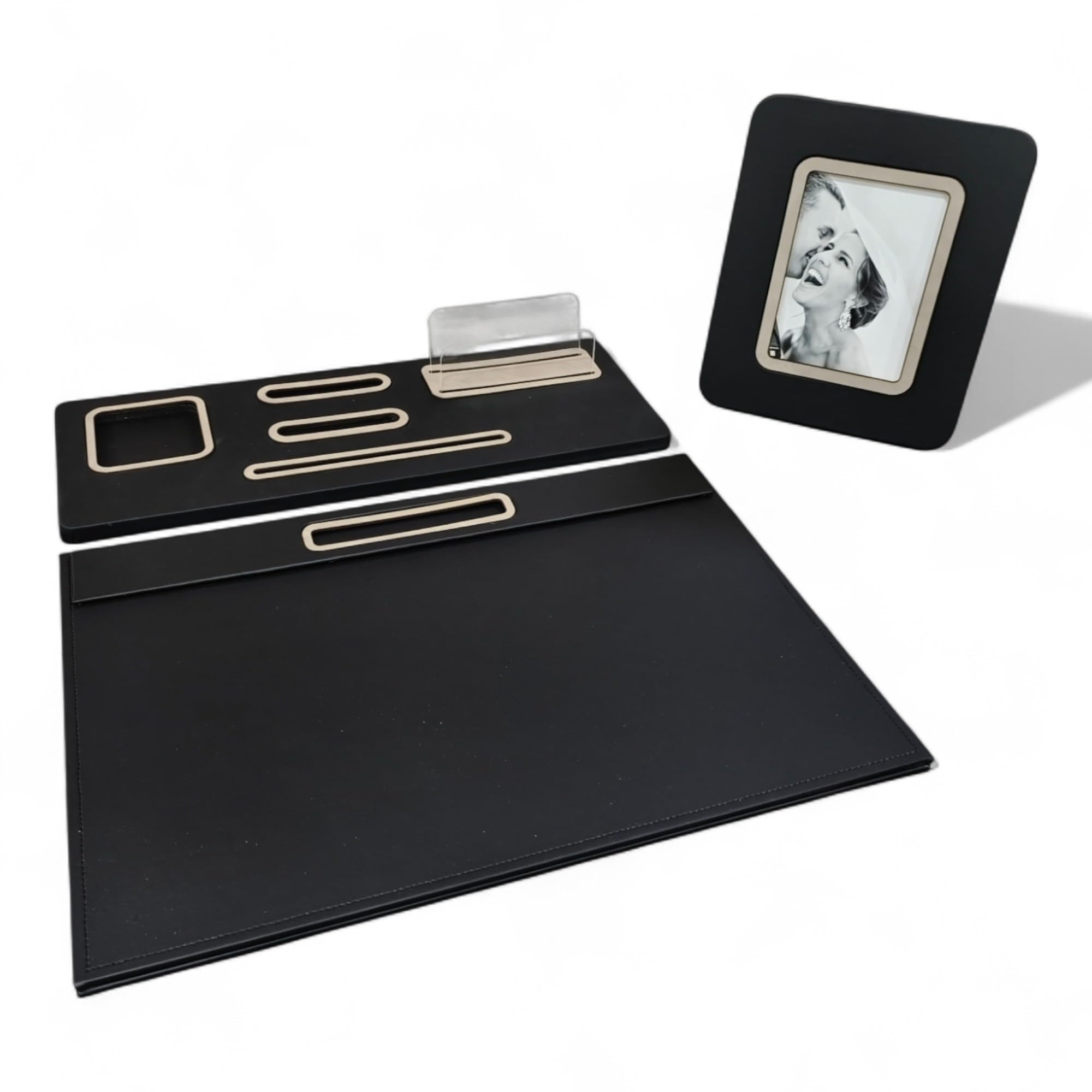 Oggettando Set Scrivania in eco pelle PU Nera, 5in1 Organizer con Supp. smartphone, Porta lettere, Porta bigliett, Portacarte adesive, Sottomano, Portafoto Ufficio, Casa (PU GRIGIO)