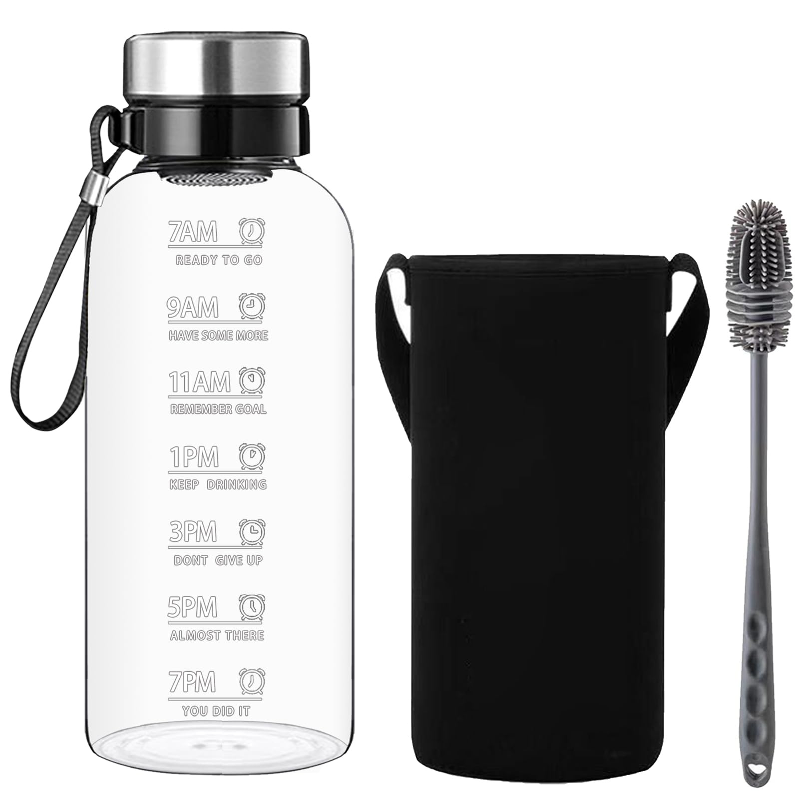 RNCKUUE Glass Water Bottle 1.5 Litre - 1500ml Large Borosilicate Wide Mouth Glass Drinking Bottles With Time…