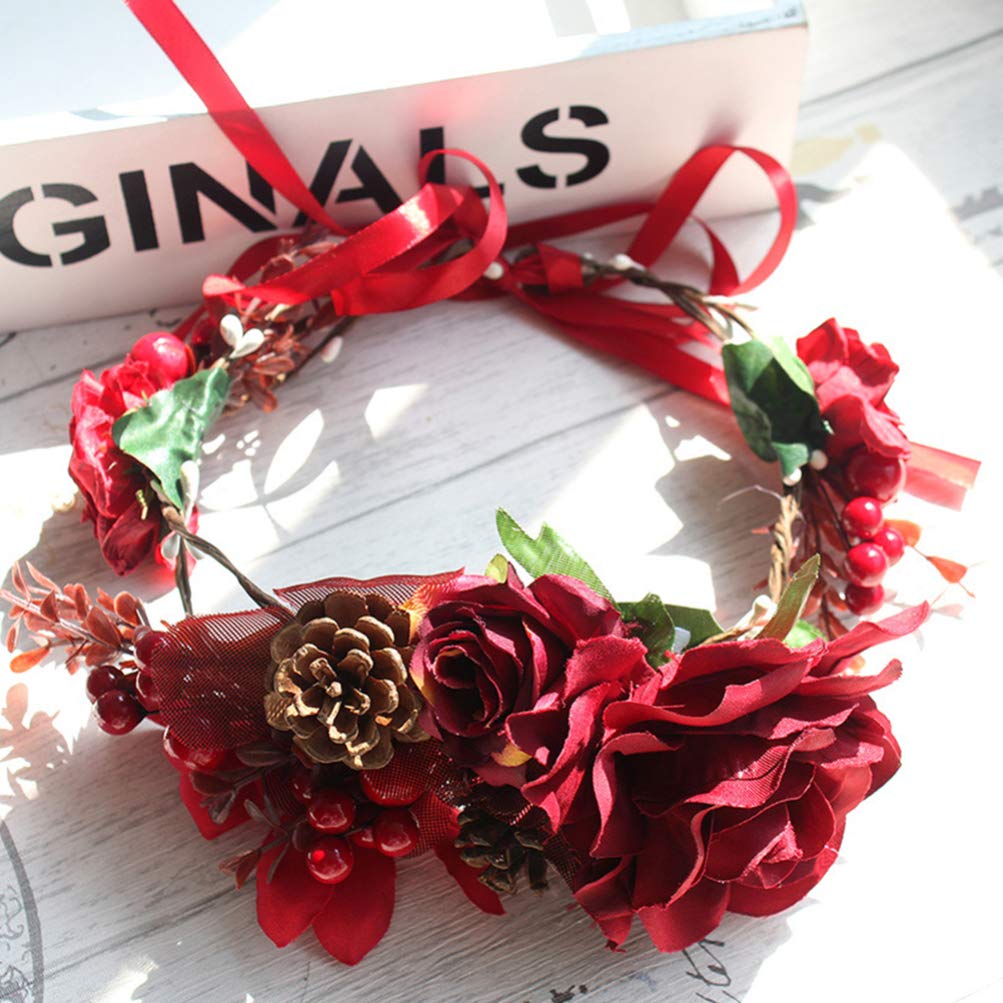 Lurrose Flower Hairband Floral Hair Garland Flower Crown with Berry Christmas Hair Accessories for Woman Girls - Image 3
