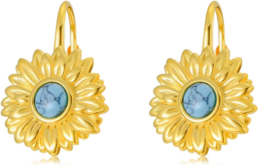 PEIMKO 925 Sterling Silver Turquoise Exquisite Flower Dangle Earrings Boho Style Leverback Drop Earrings Jewelry Gifts for Women Mother